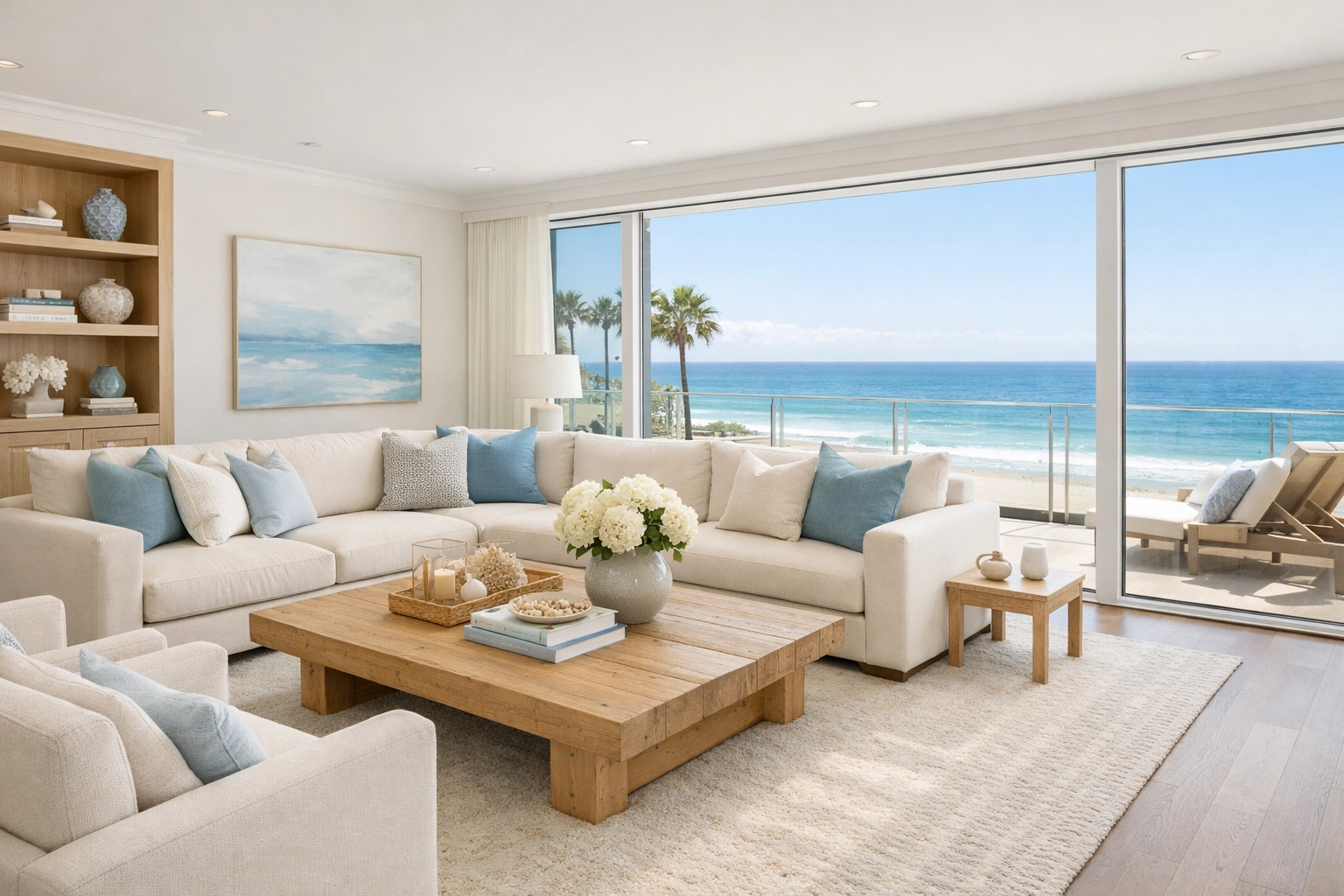 Cohesive designer living room in a luxury San Diego beachfront vacation rental.