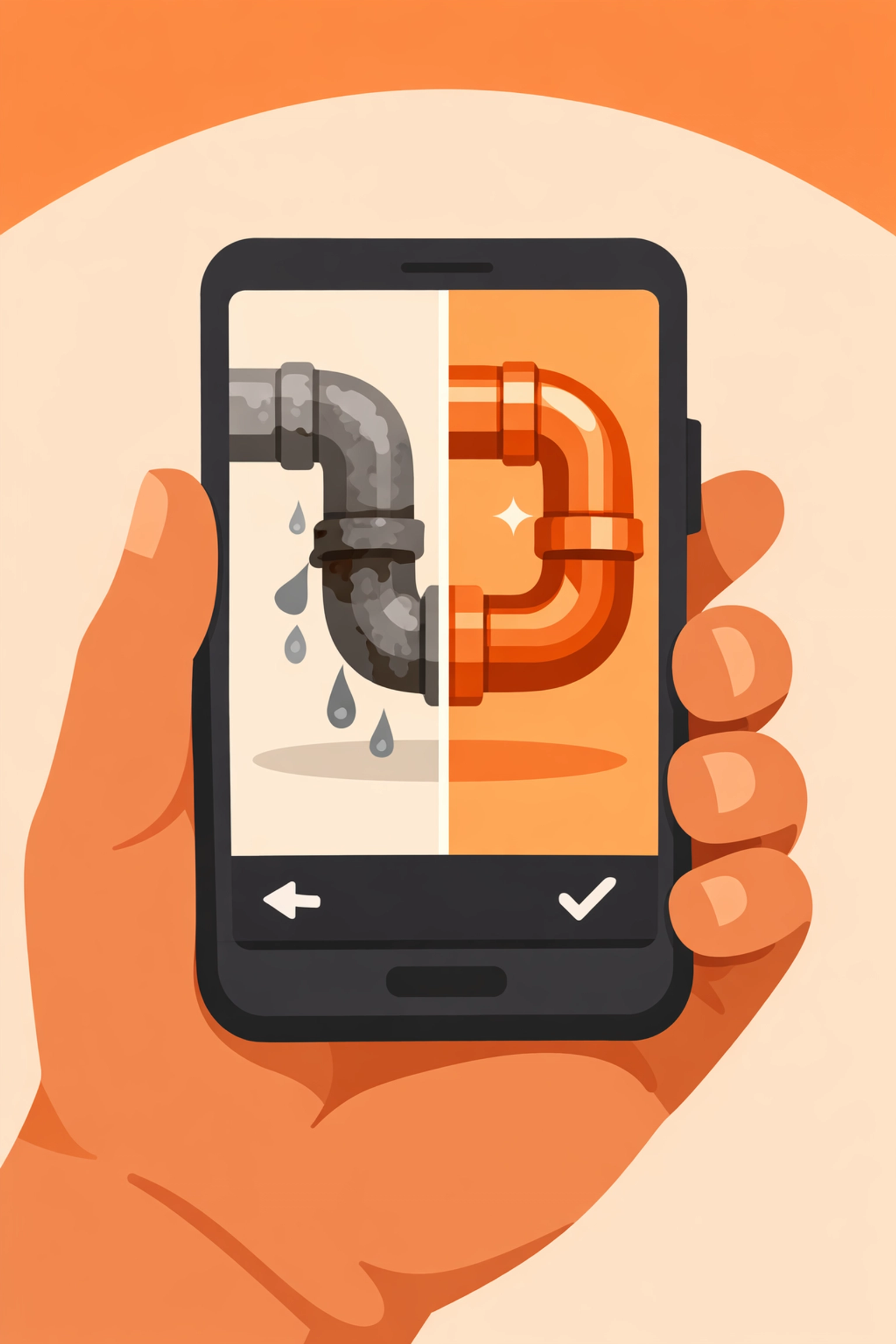 Smartphone displaying a before and after plumbing repair timeline using a contractor photo app.