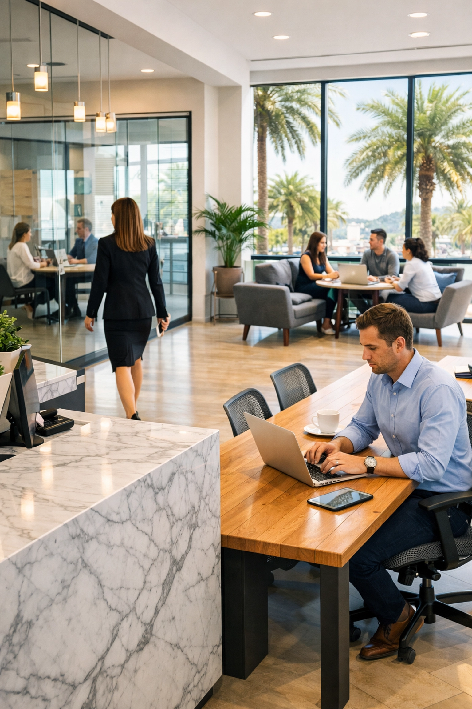 Busy Orlando co-working space highlighting high-traffic shared workstations needing daily office cleaning services.