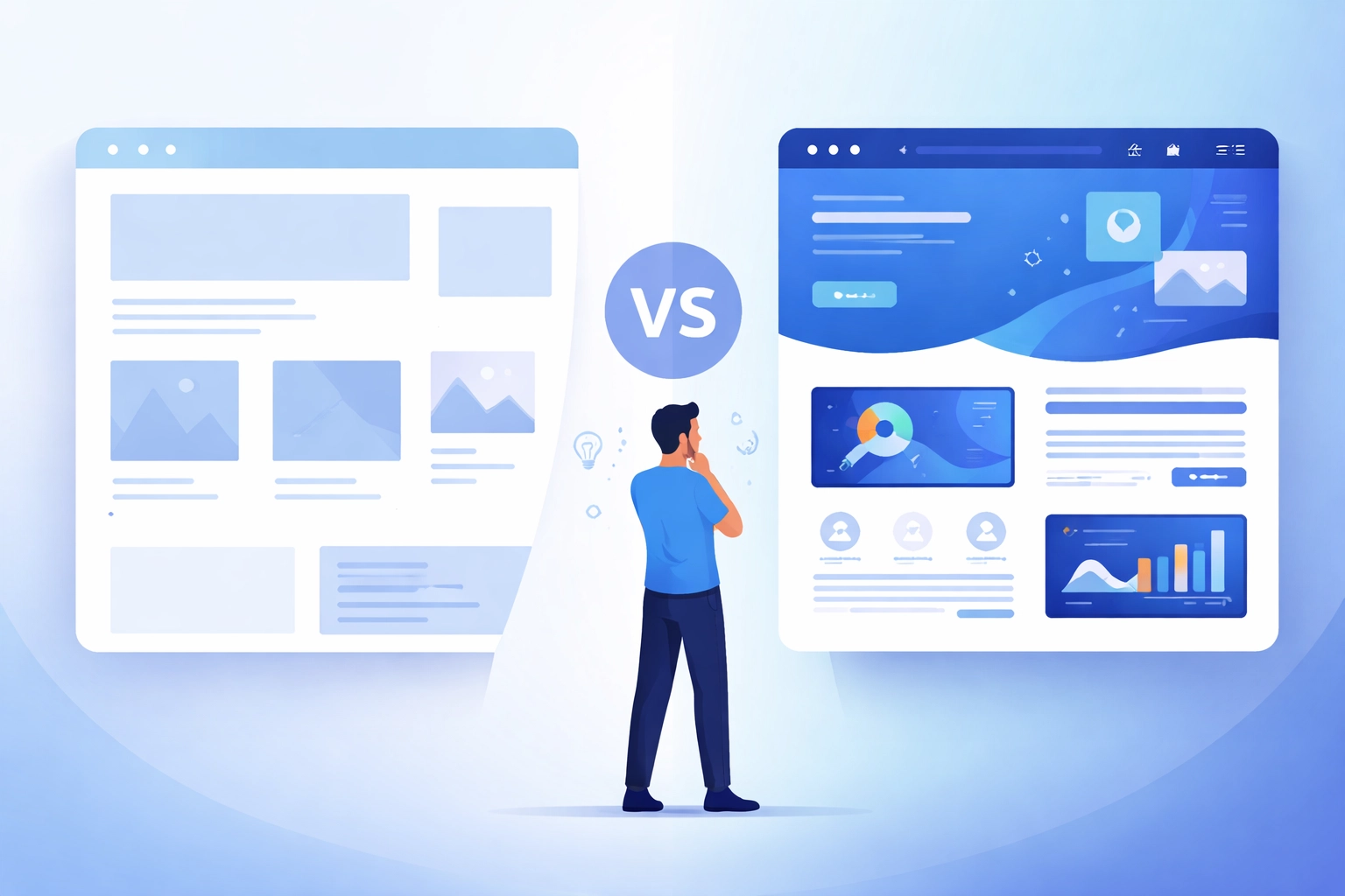 Side-by-side comparison of a basic DIY website and a custom professional website, showing decision making