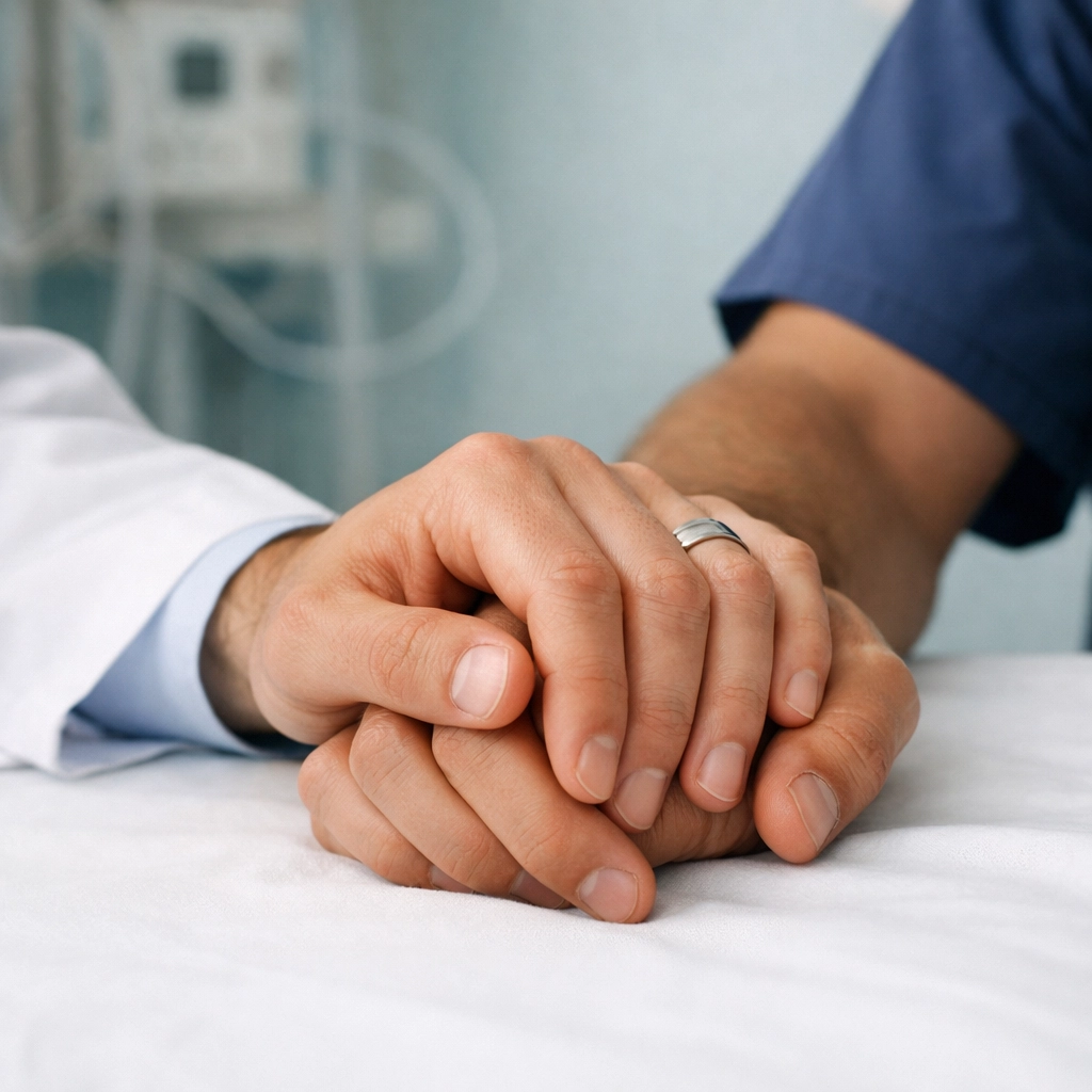 A close-up of two male doctors holding hands, representing the emotional depth of secret workplace bonds in MM fiction.