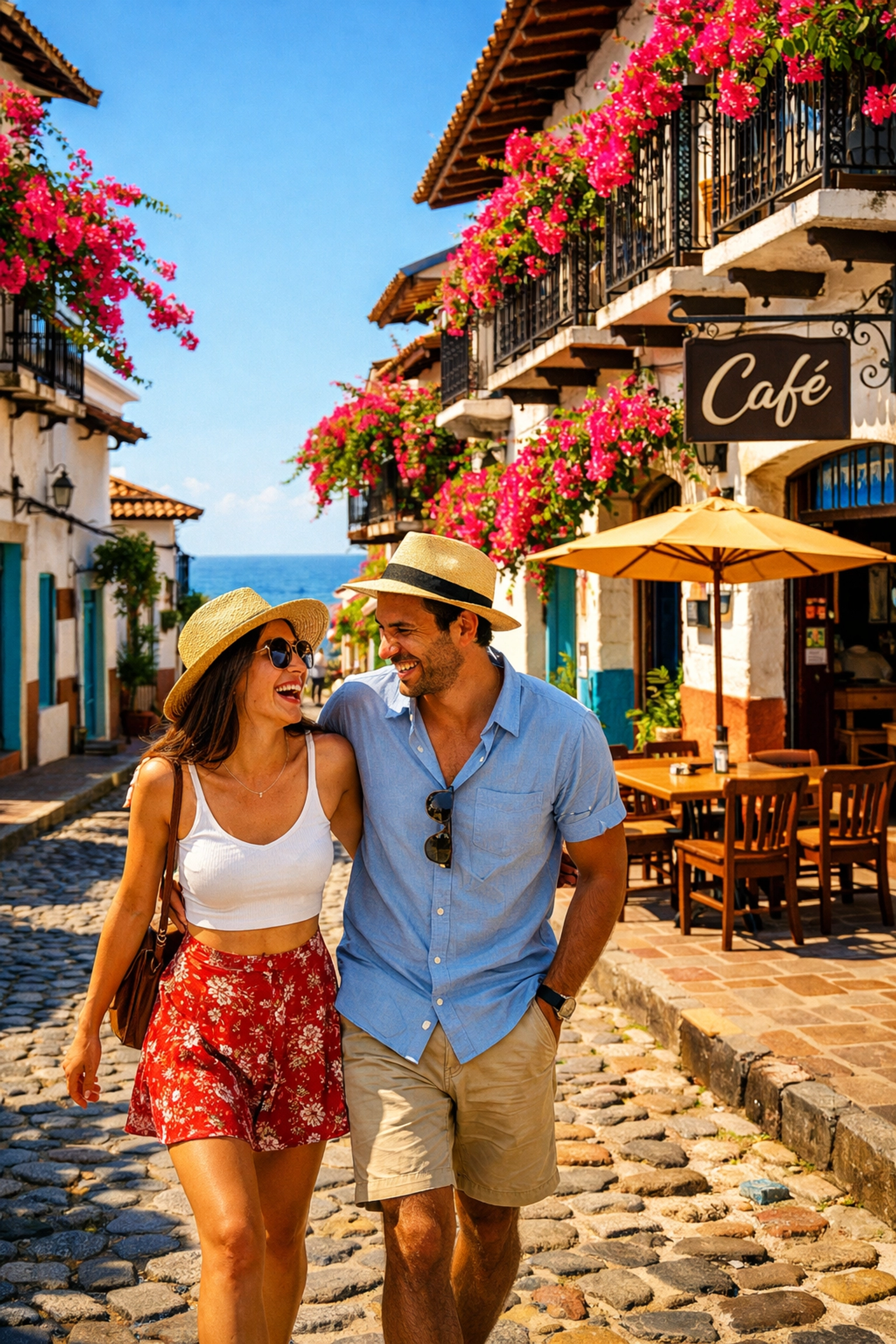 Couple walking on an Old Town cobblestone street near rental condos in Puerto Vallarta.