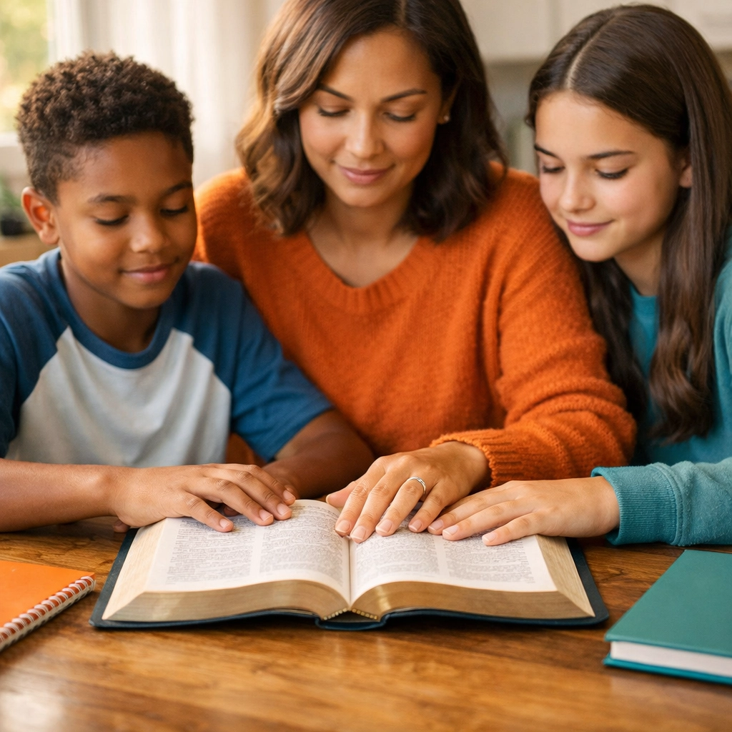 Family reading Bible together at kitchen table teaching Christian life skills to children