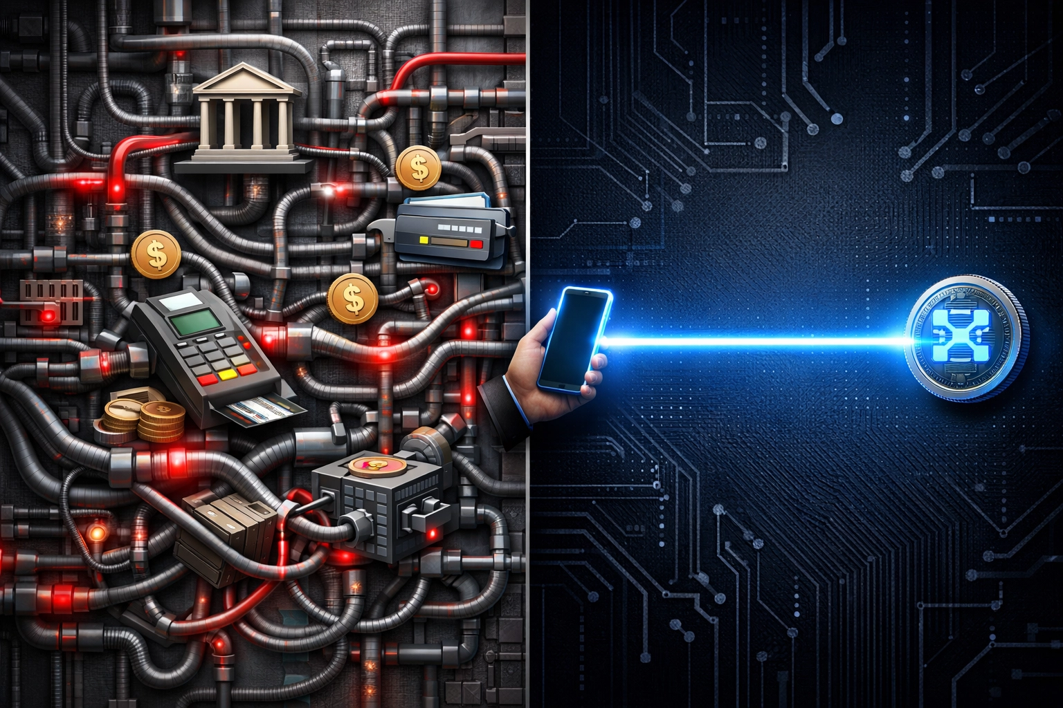 Traditional payment processing vs blockchain direct path comparison showing reduced merchant fees