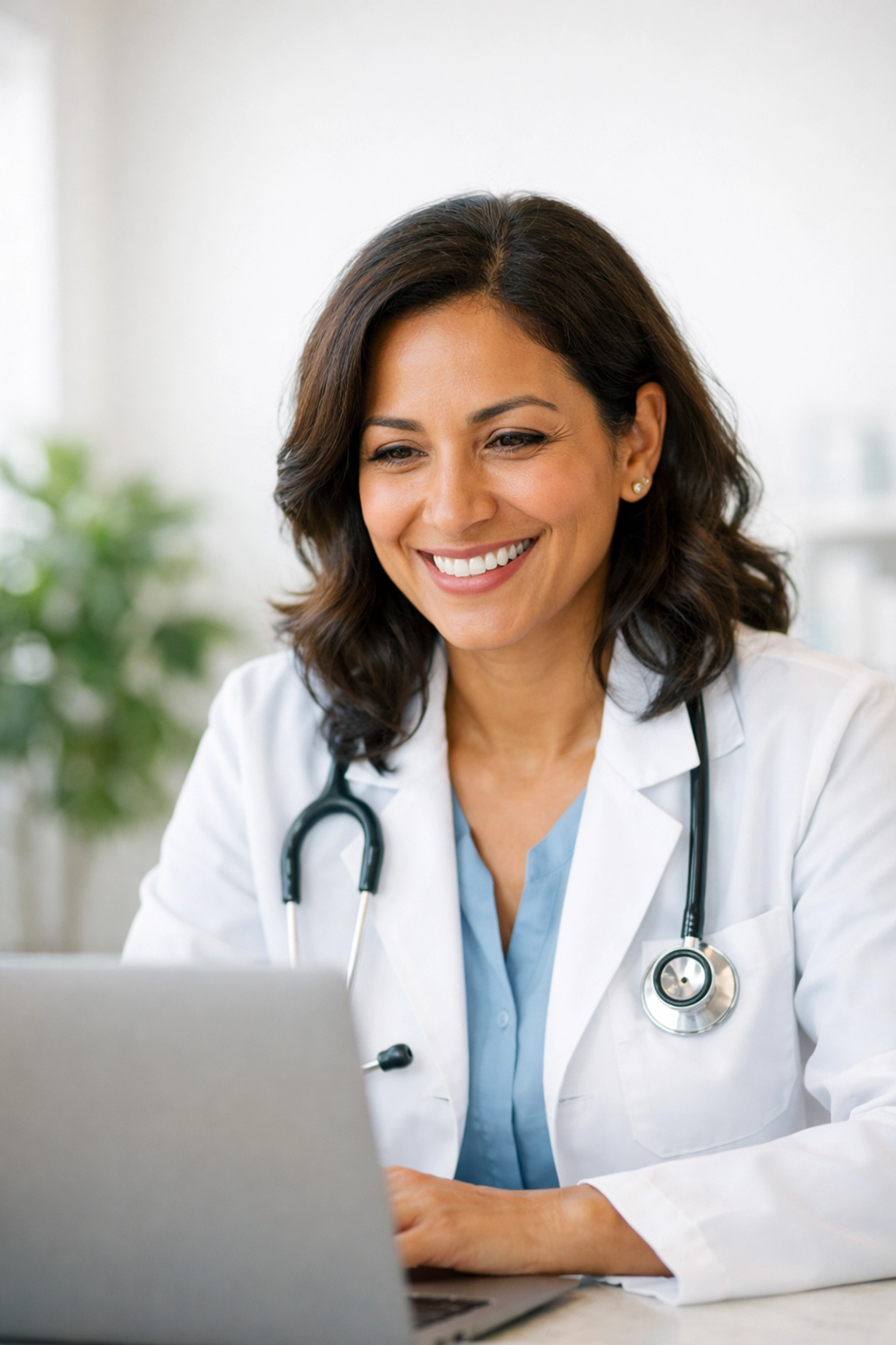 A professional doctor providing a medical weight loss consultation via online telehealth services.