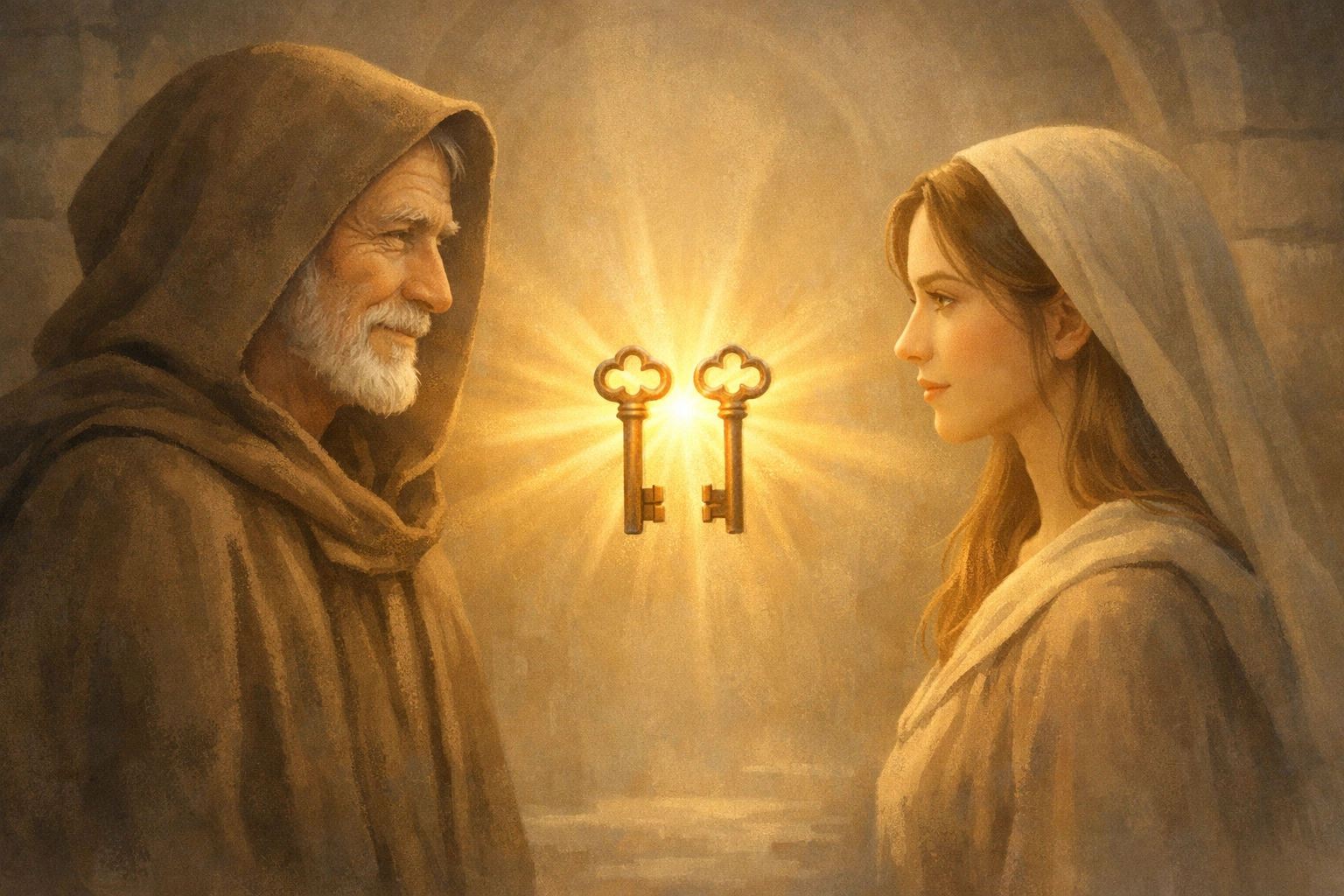 The Keeper passes his glowing iron key to Elara in a sacred moment of light and blessing