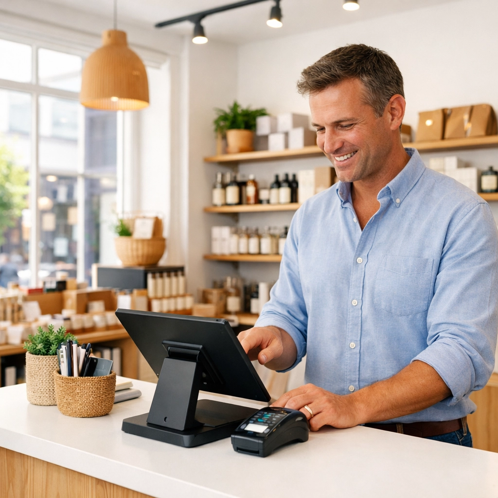 UK retail shop owner using modern EPOS system on tablet at counter