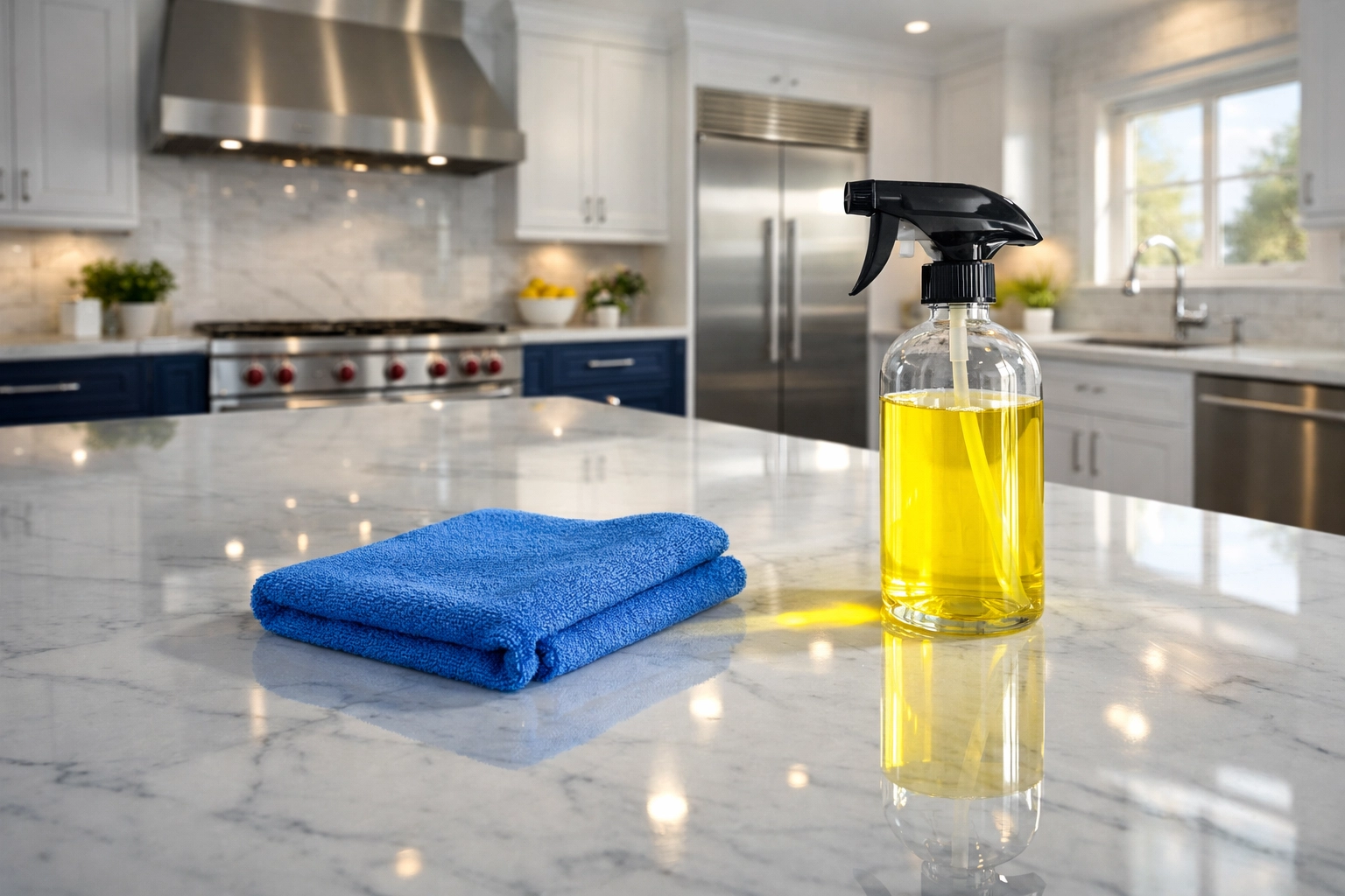 Spotless luxury kitchen with marble countertops following a thorough deep cleaning Westford house reset.