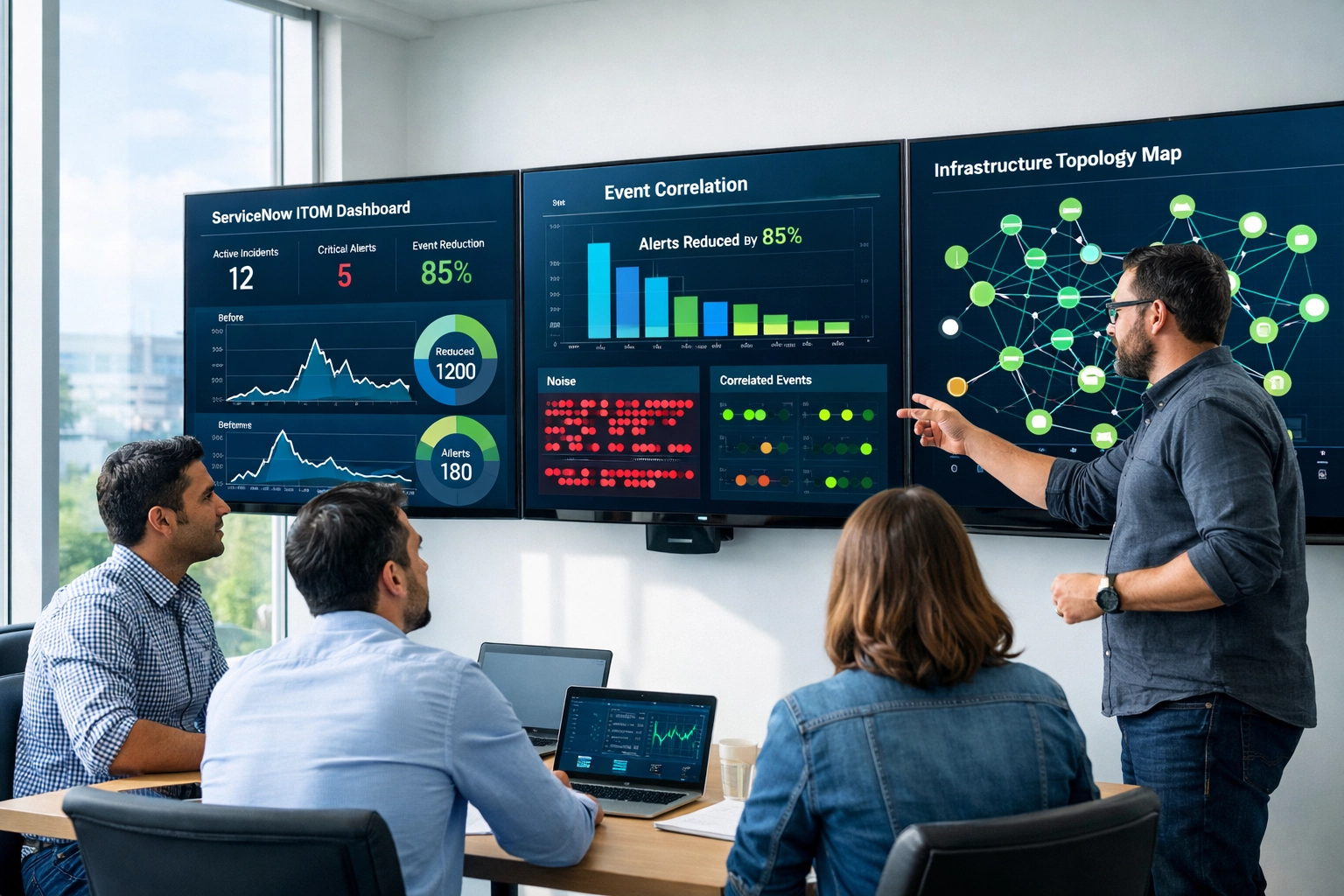 IT team analyzing ServiceNow ITOM dashboards for infrastructure monitoring and optimization