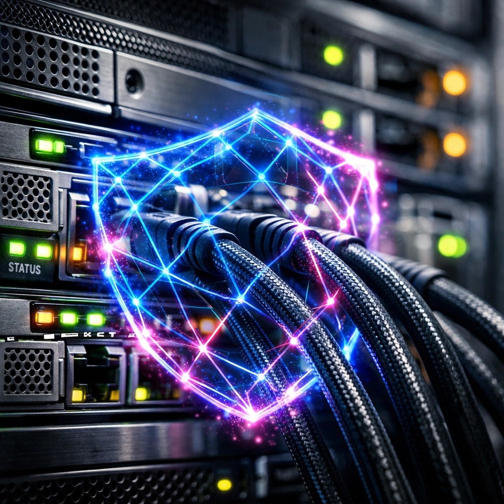 High-tech server rack protected by a digital shield representing resilient network infrastructure.