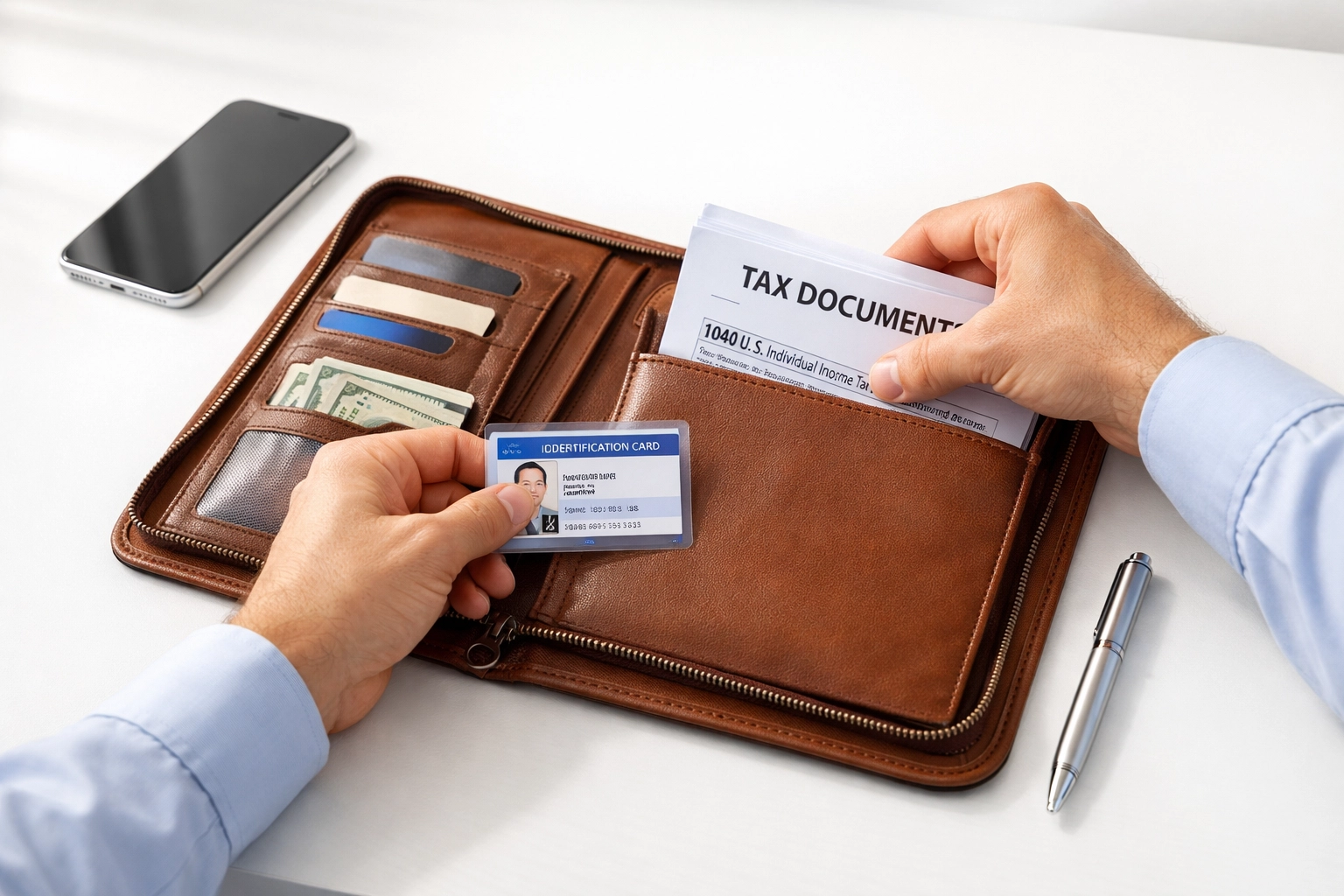 Hands organizing taxpayer identification documents and tax records in a professional business folder.