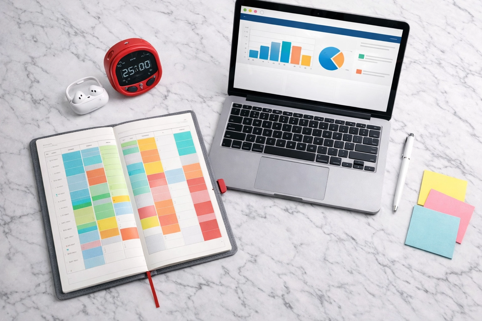 Time-blocking planner and pomodoro timer on a desk—showing peak-season efficiency with practical time management tools.