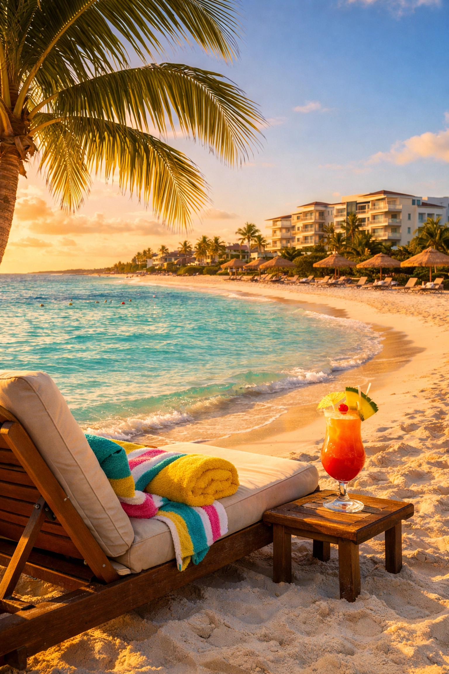 Caribbean beach resort in Turks and Caicos with turquoise water and palm trees