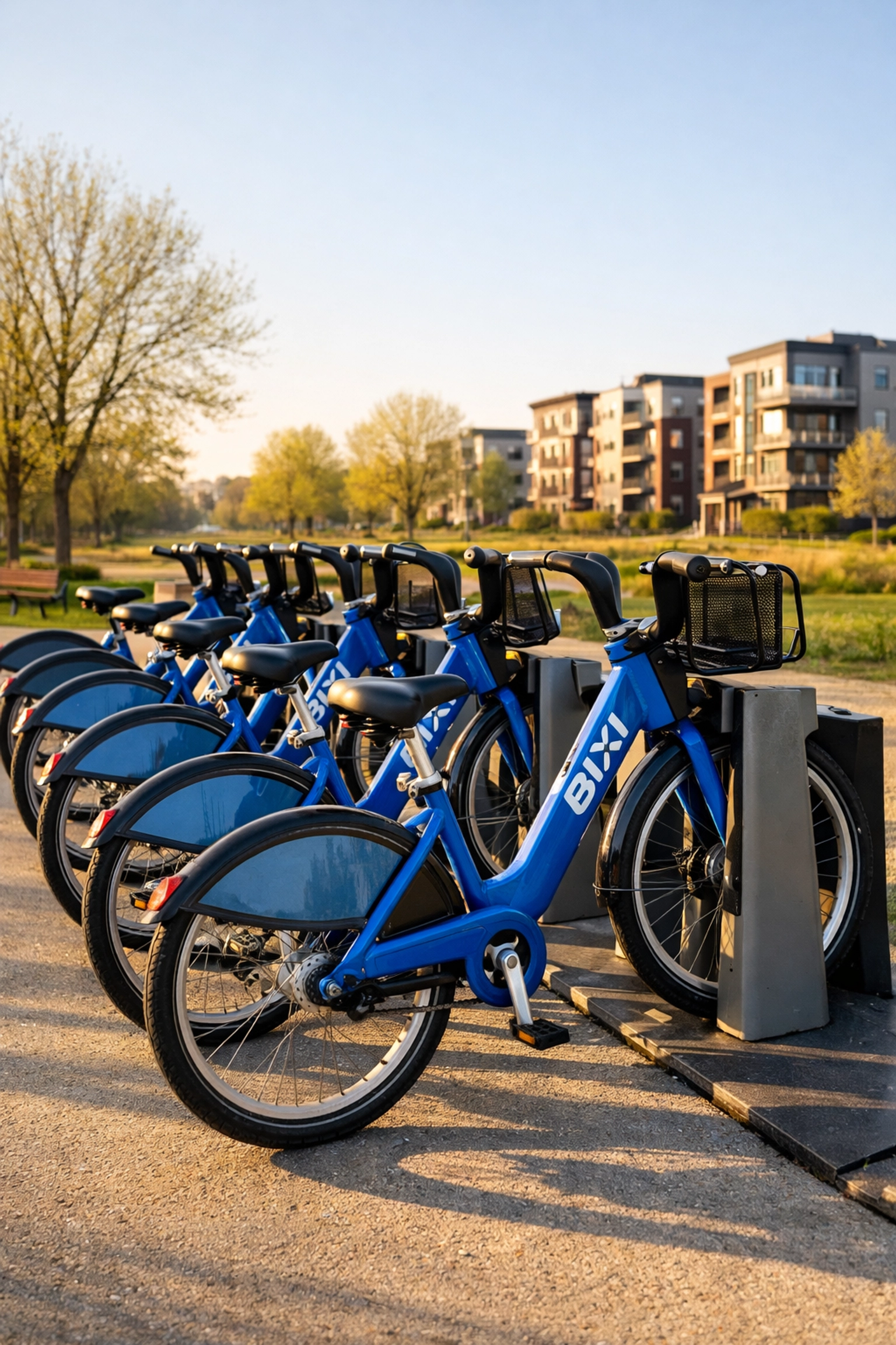 Row of blue Bixi bike-sharing stations in a sunny Montreal suburb near Dollard-des-Ormeaux.