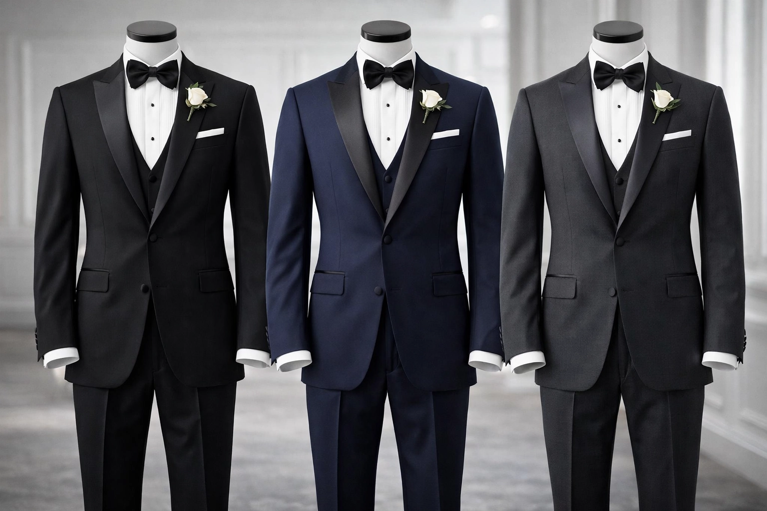 Groom in formal black wedding tuxedo at elegant ballroom reception