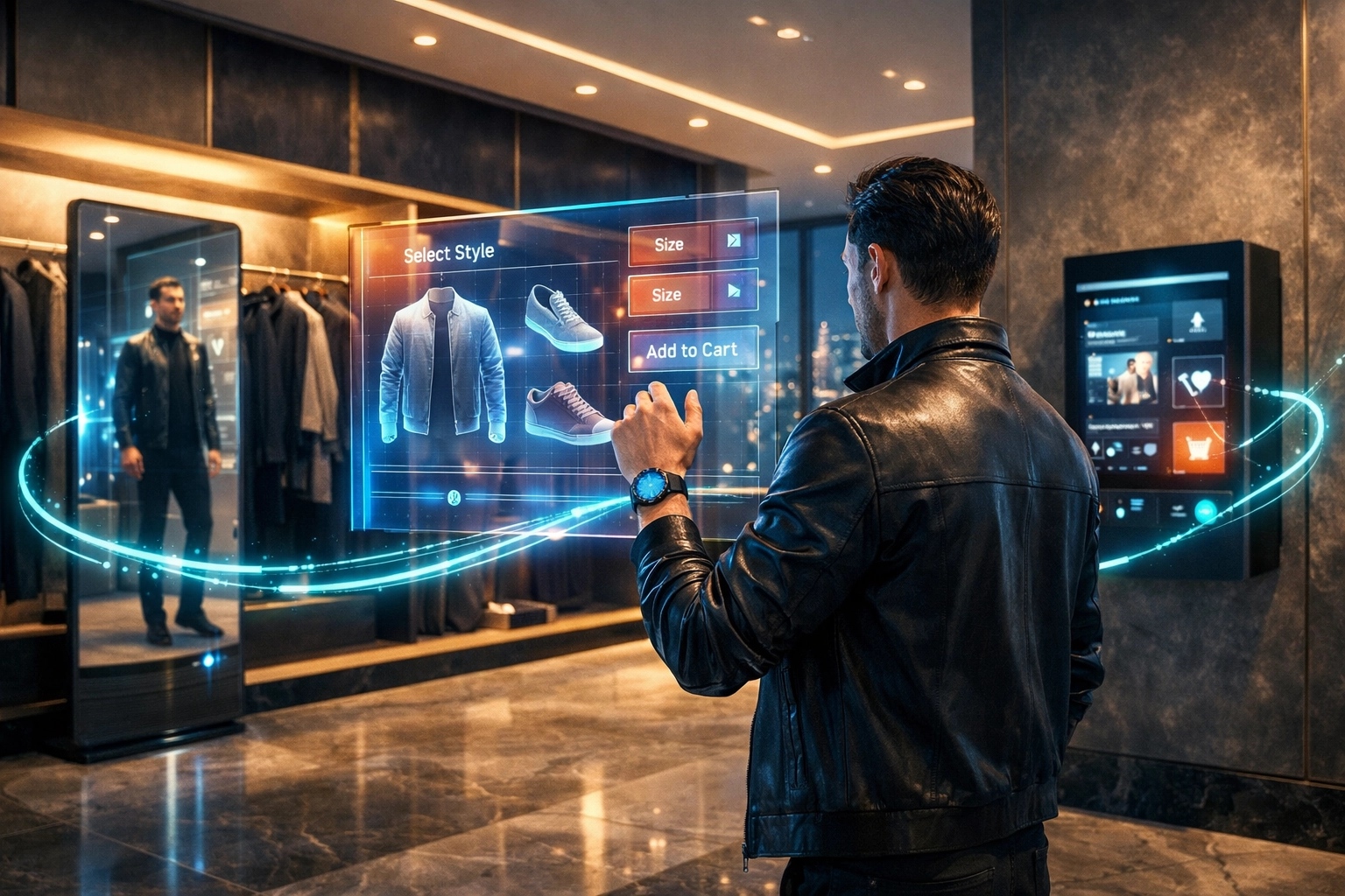 London retail software showing headless commerce integration through a holographic digital experience.