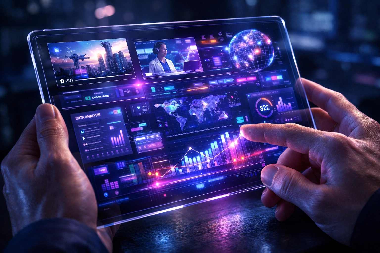 Hands holding a digital display showing advanced SEO metrics and search generative experience data.