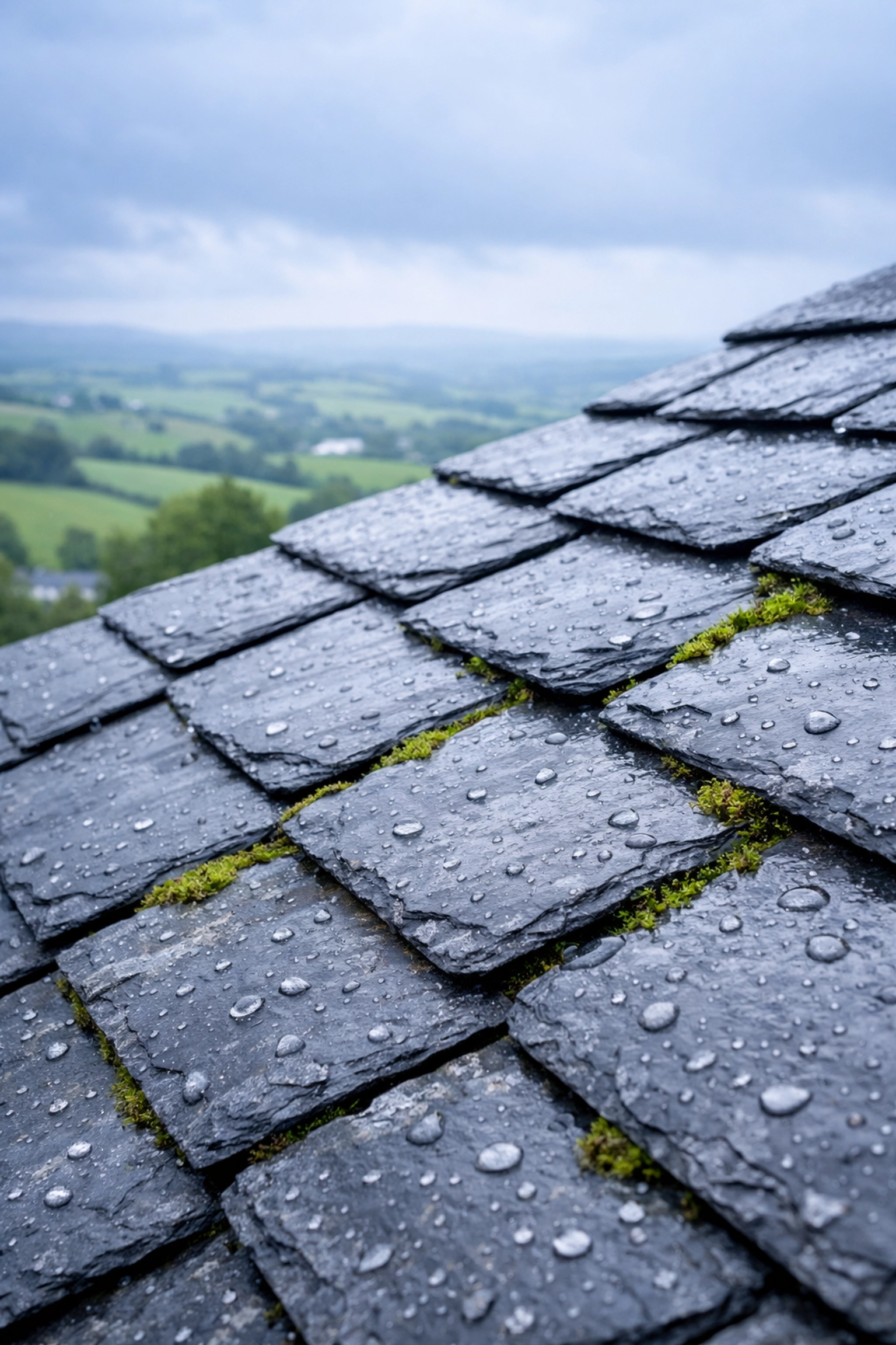 Weathered slate roof tiles with moss growth in Omagh showing need for roof survey