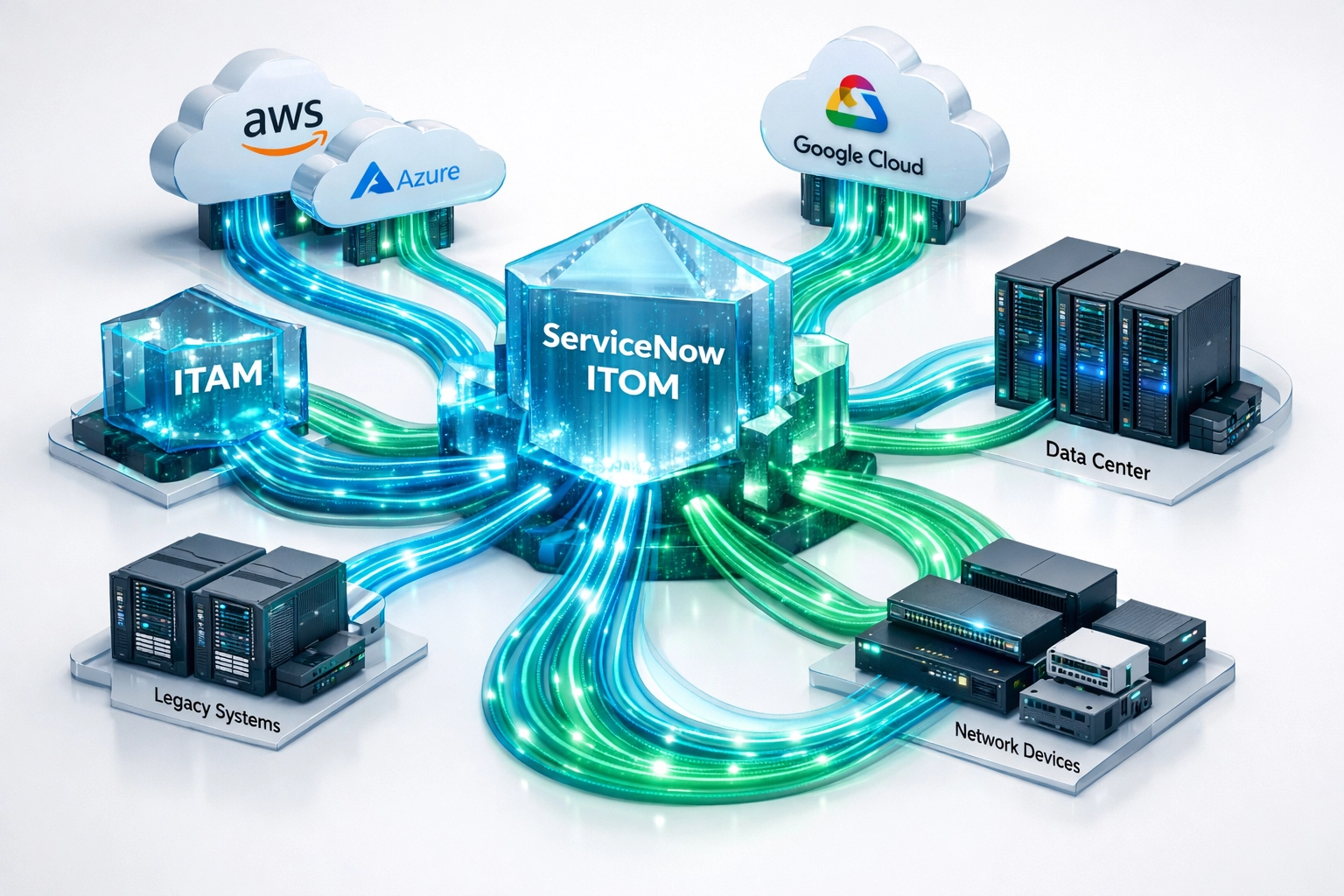 ServiceNow ITOM integration architecture connecting cloud systems with ITAM workflows