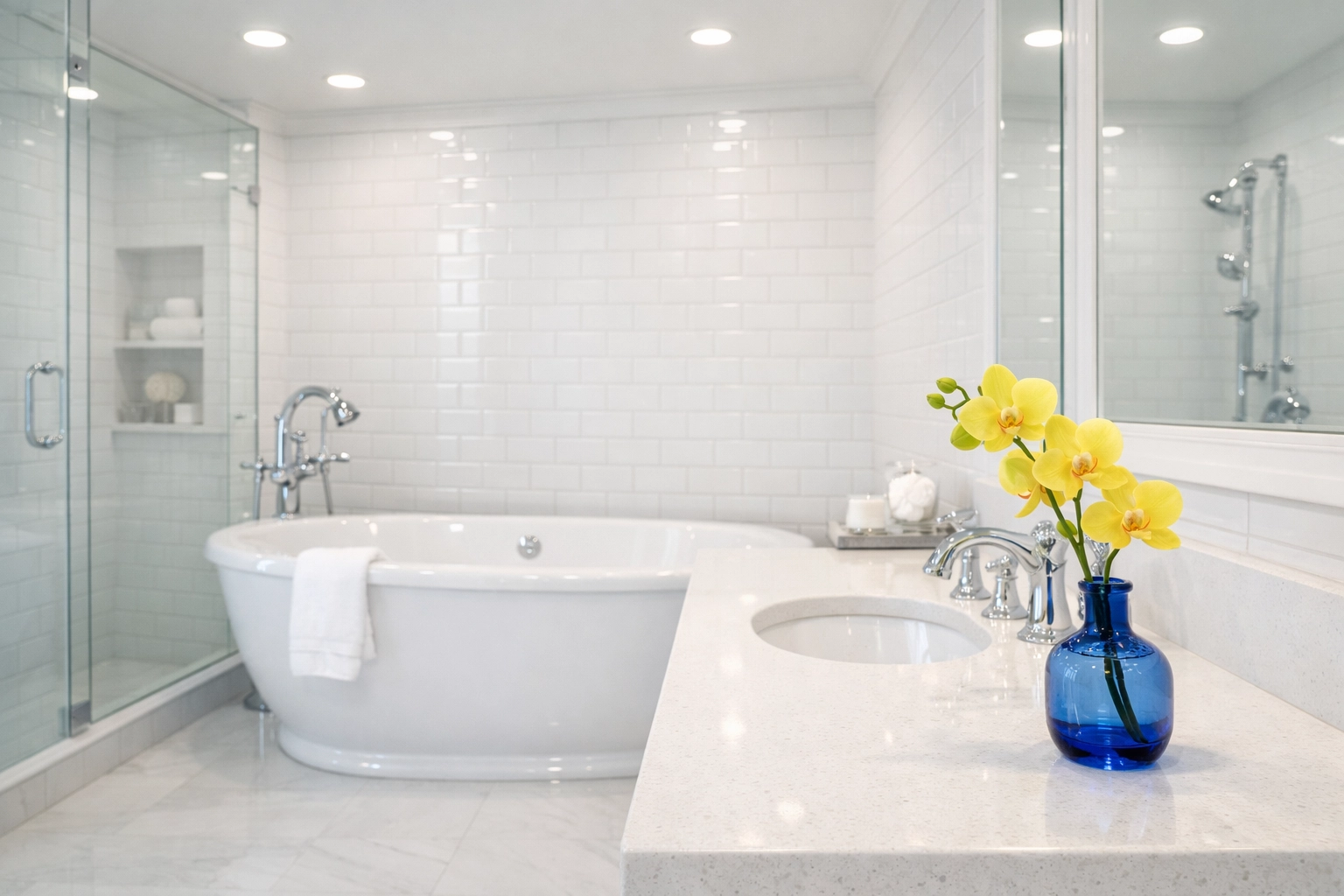 Spotless white master bathroom vanity and tub following residential cleaning in Massachusetts.