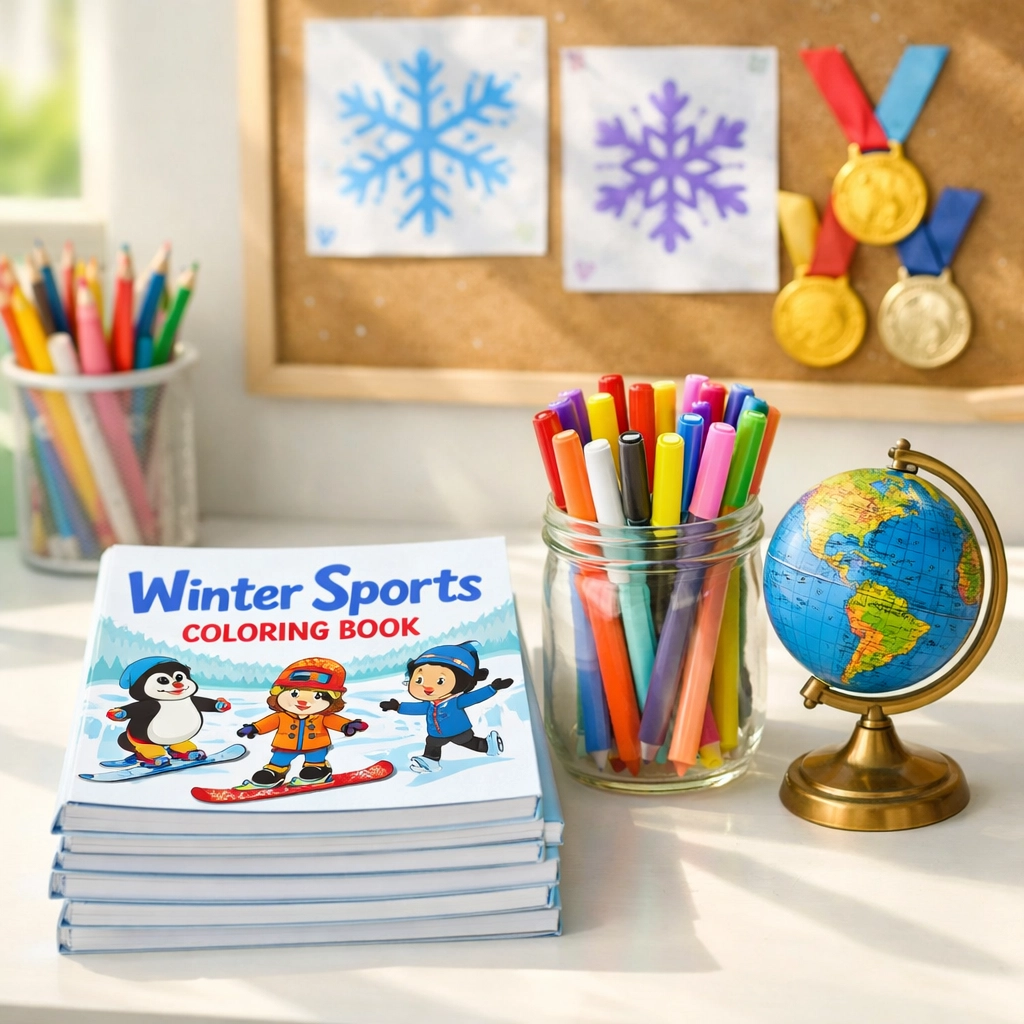 Homeschooling workspace featuring a stack of Winter Sports Coloring Books and creative learning supplies.