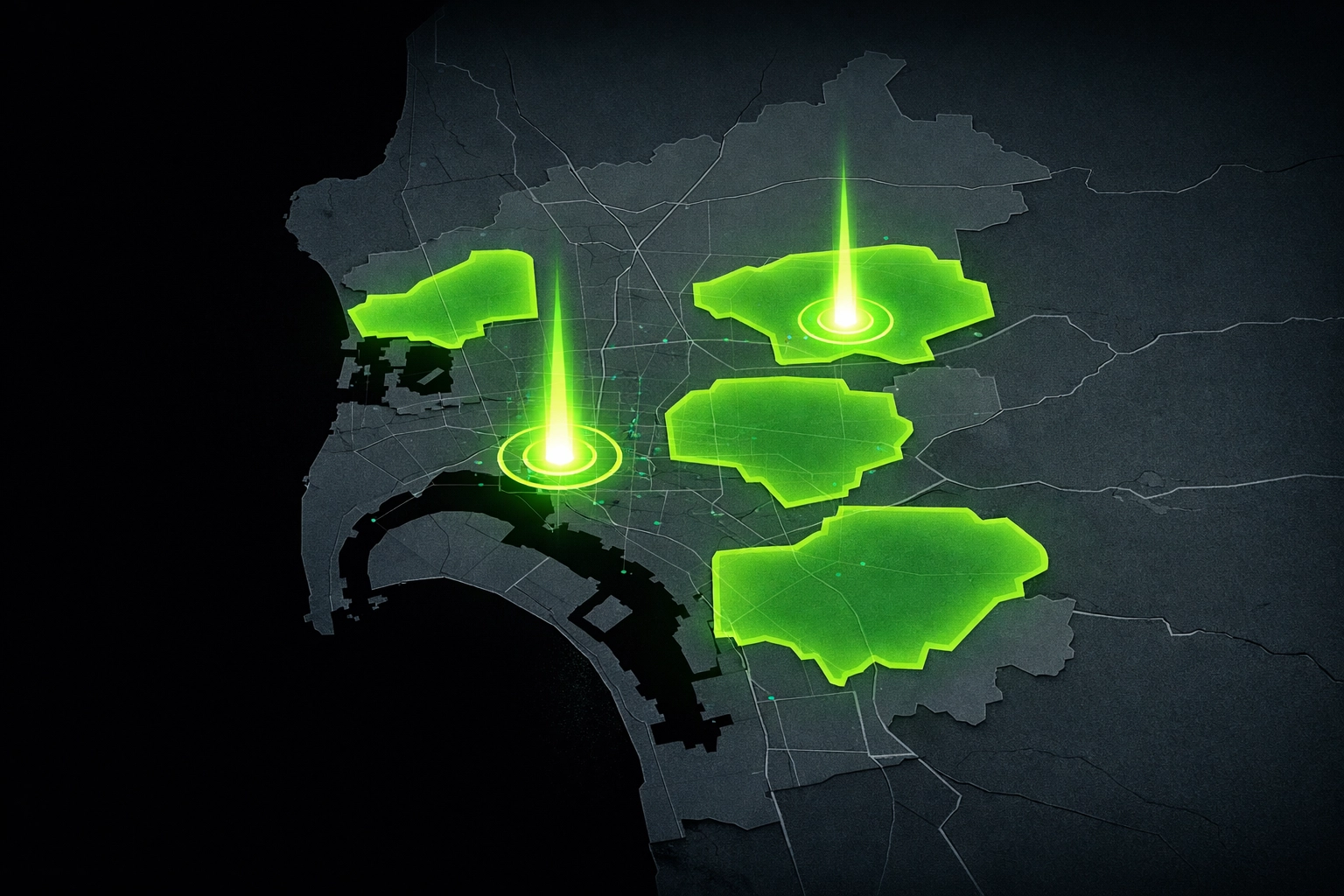 Map of San Diego service areas 92101 and 92108 highlighted for roadside assistance coverage.