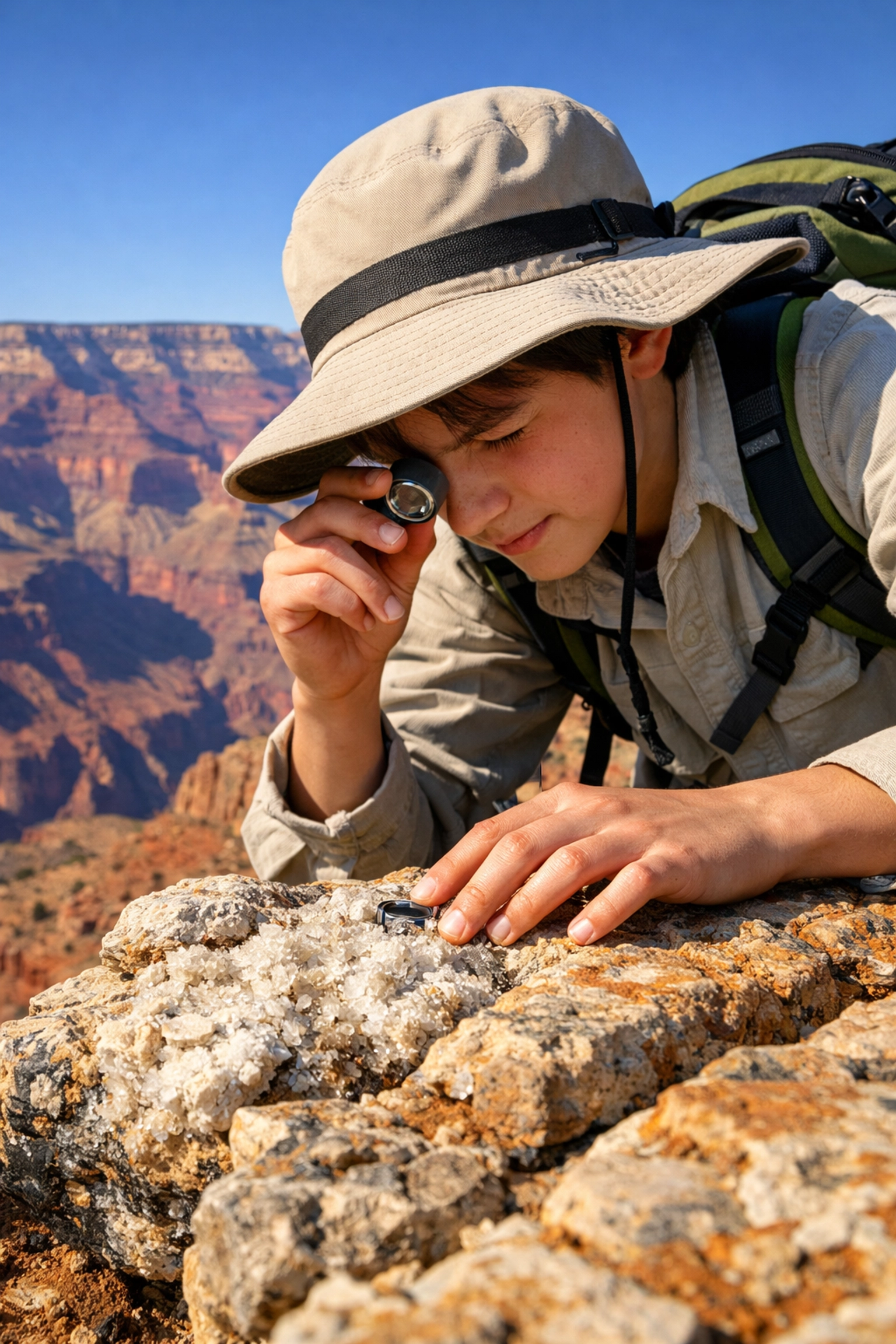Student examining limestone layers during a hands-on Grand Canyon science trip.