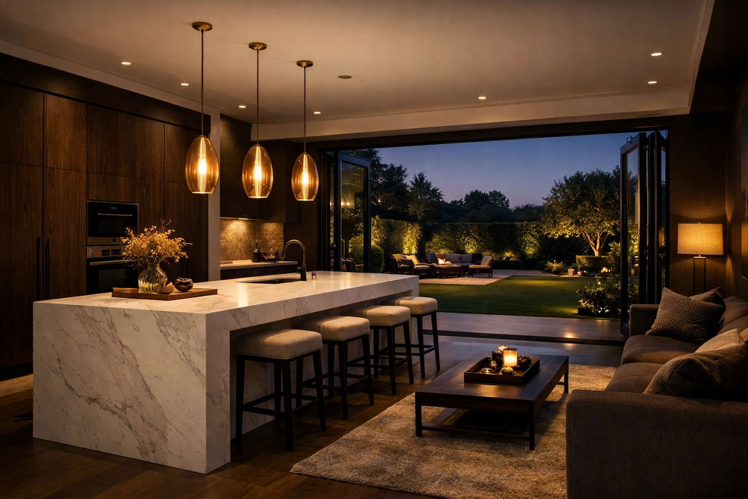 Luxury open-plan kitchen and living area on the reconfigured ground floor of a renovated Sussex bungalow.