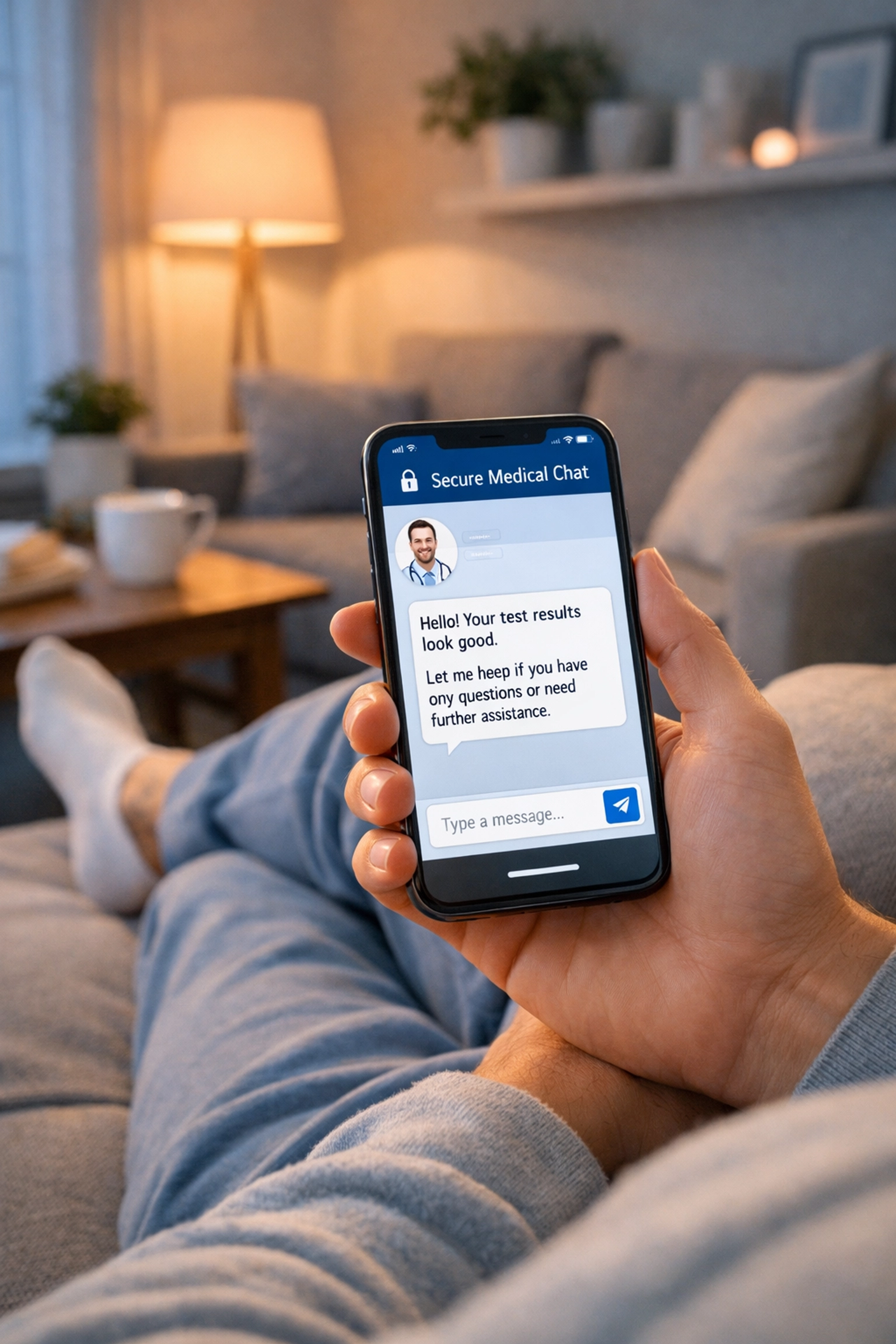 Patient relaxing at home using smartphone for online doctor consultation for cold and flu symptoms