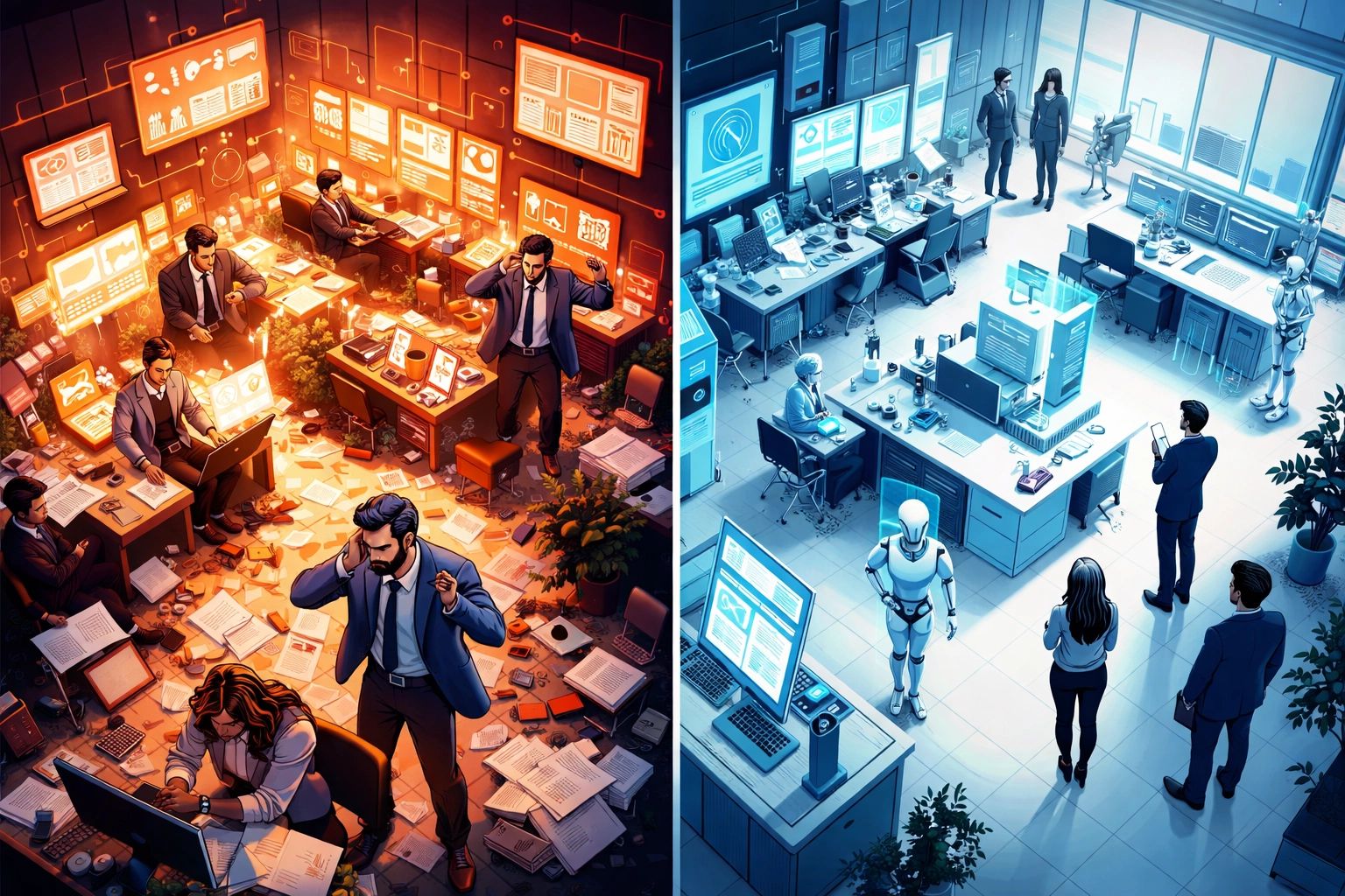 Office split between stressed managers with data overload and automated workspaces, depicting workforce changes from AI