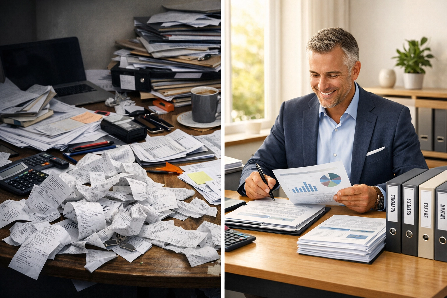 Comparison of messy versus organized bookkeeping records showing cost savings of clean financial books