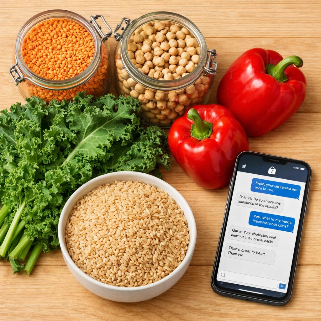Affordable whole foods and a smartphone showing a secure medical messaging chat for weight loss advice.