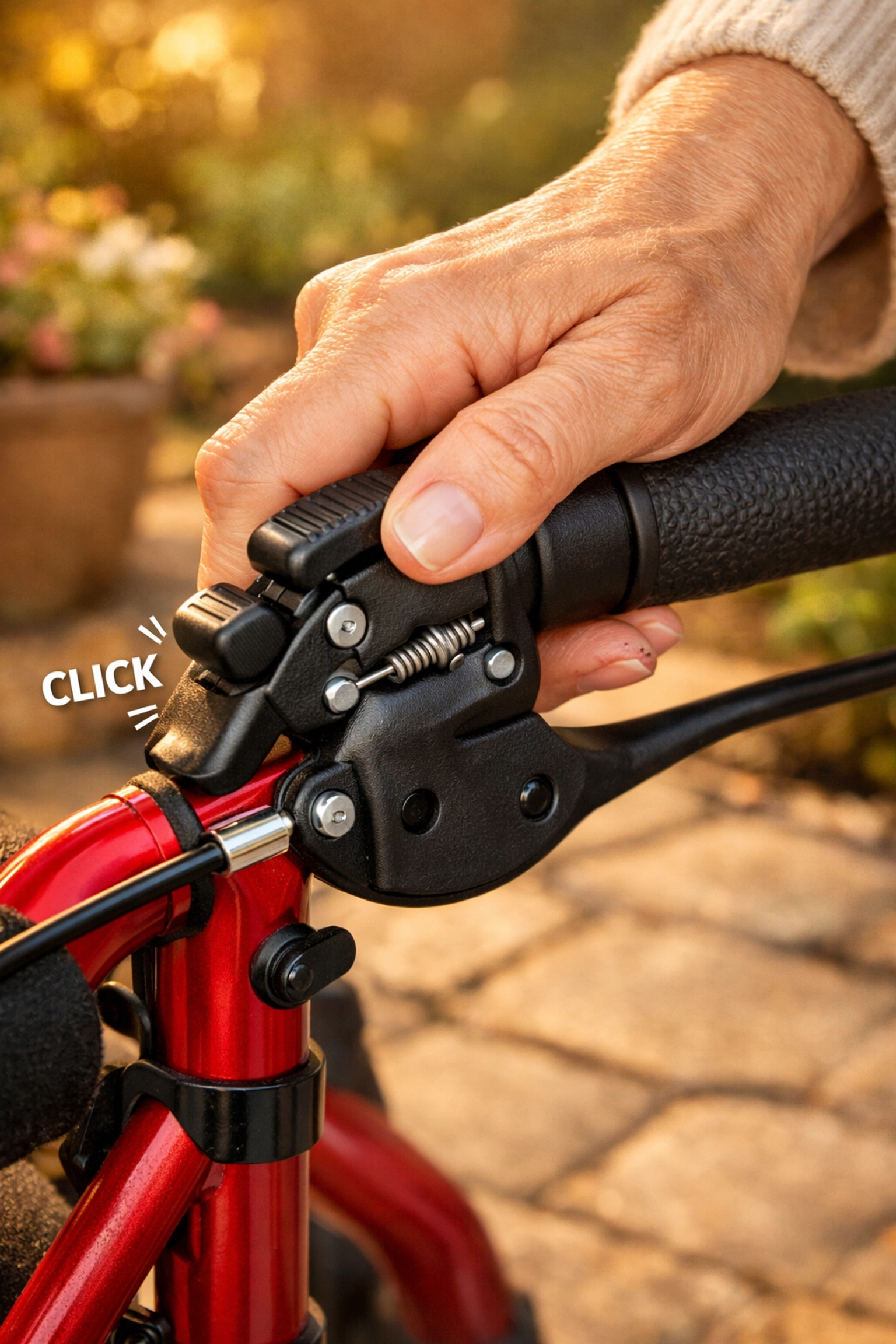 Close-up of a hand locking the brakes on a red rollator walker for safety and stability.