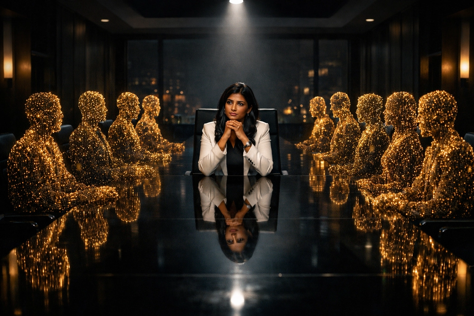 A solitary executive at a boardroom table with digital silhouettes, showing the reality of AI automation.