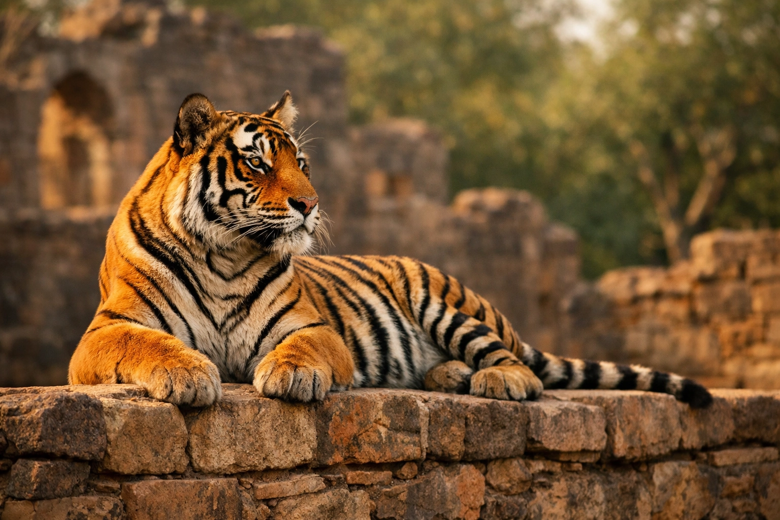 Royal Bengal Tiger resting on Ranthambore ruins at golden hour, celebrating Project Tiger.