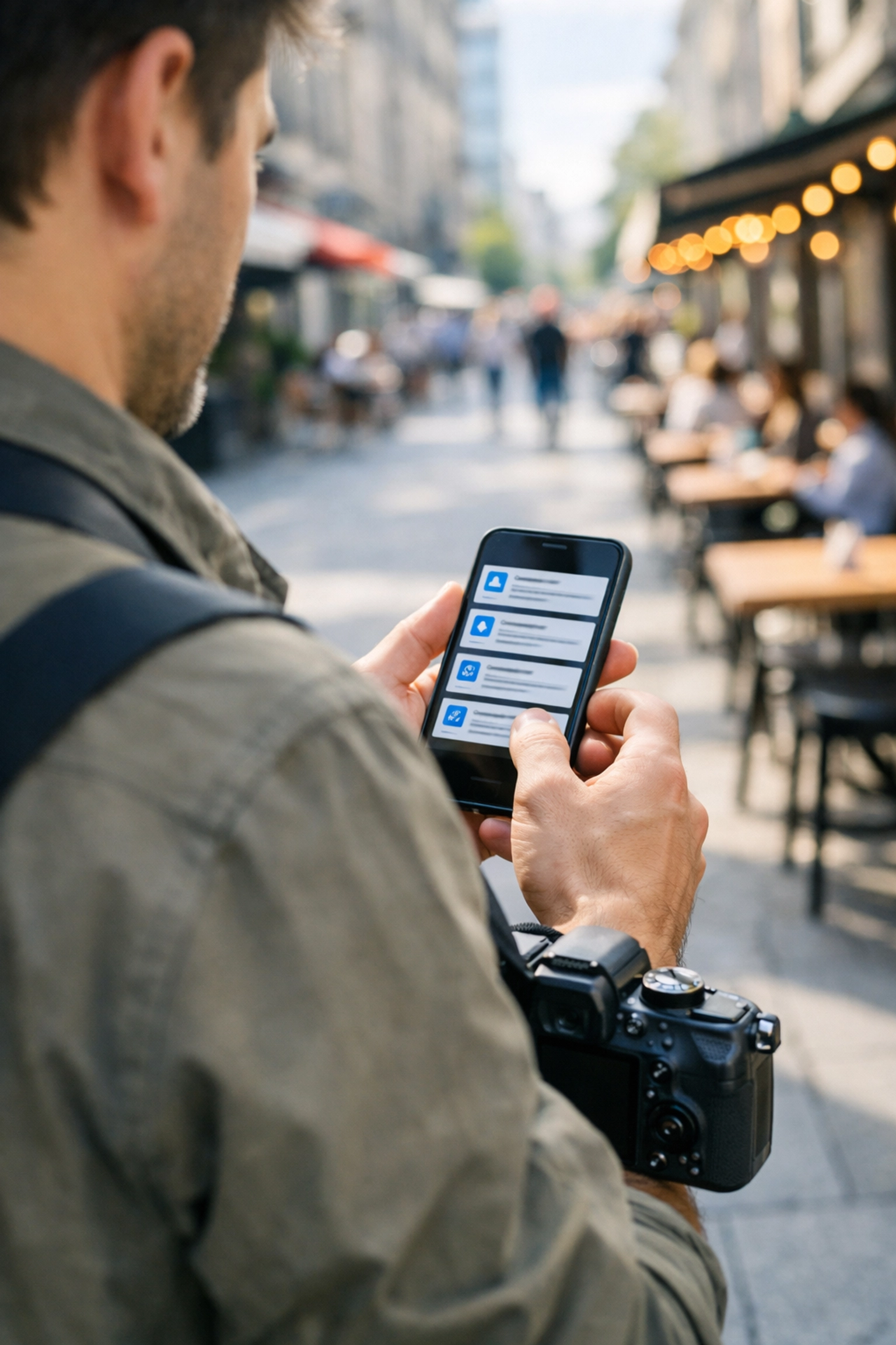 The Ultimate Guide to ProShoot.io: Everything You Need to Succeed as a Freelance Photographer 2 Professional photographer checking new leads and vetted opportunities on their phone while traveling.