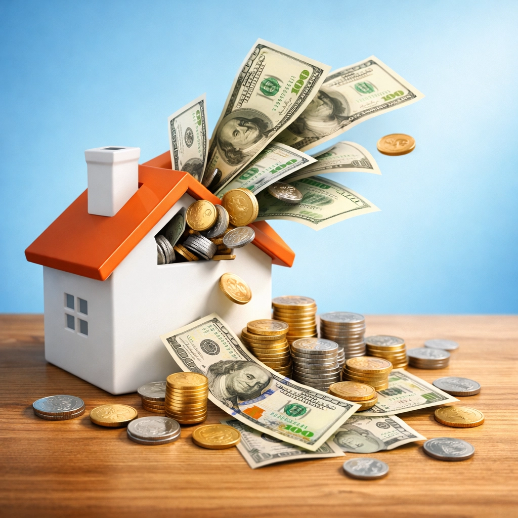 House-shaped savings bank with money representing home buyer discounts and closing cost concessions