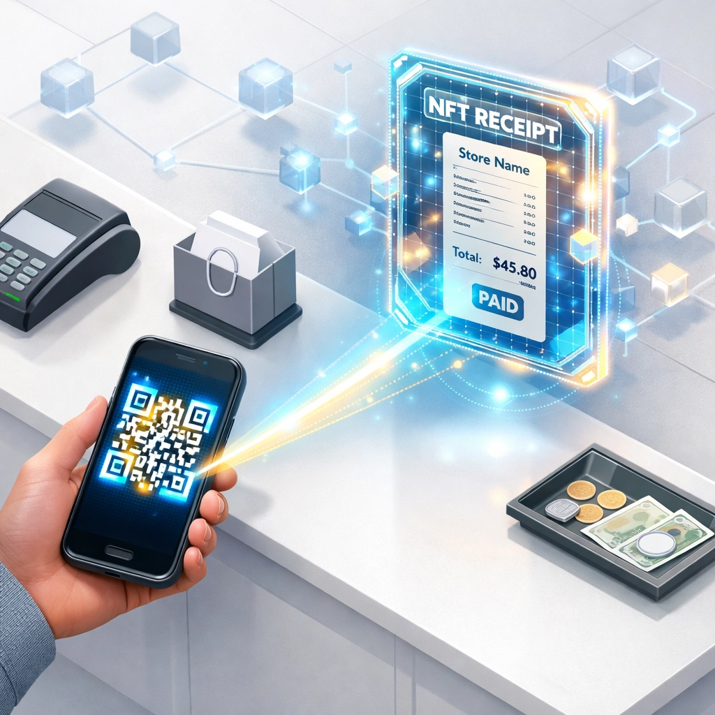 Customer scanning QR code to generate blockchain-based NFT receipt at checkout counter