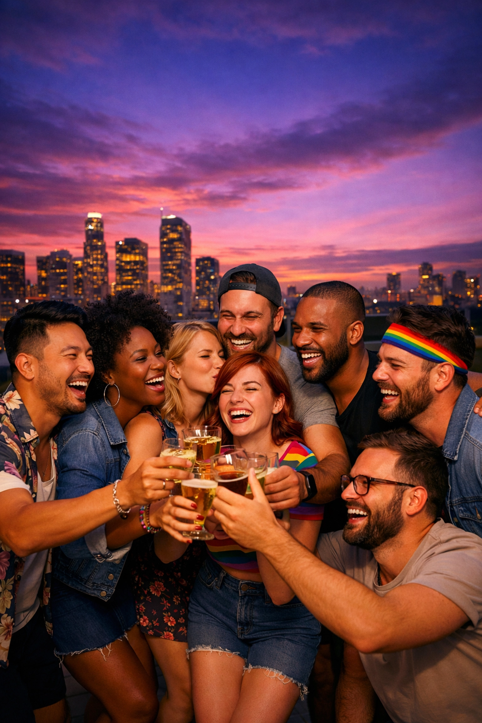A diverse group of LGBTQ+ friends celebrating on a rooftop, highlighting the importance of chosen family.