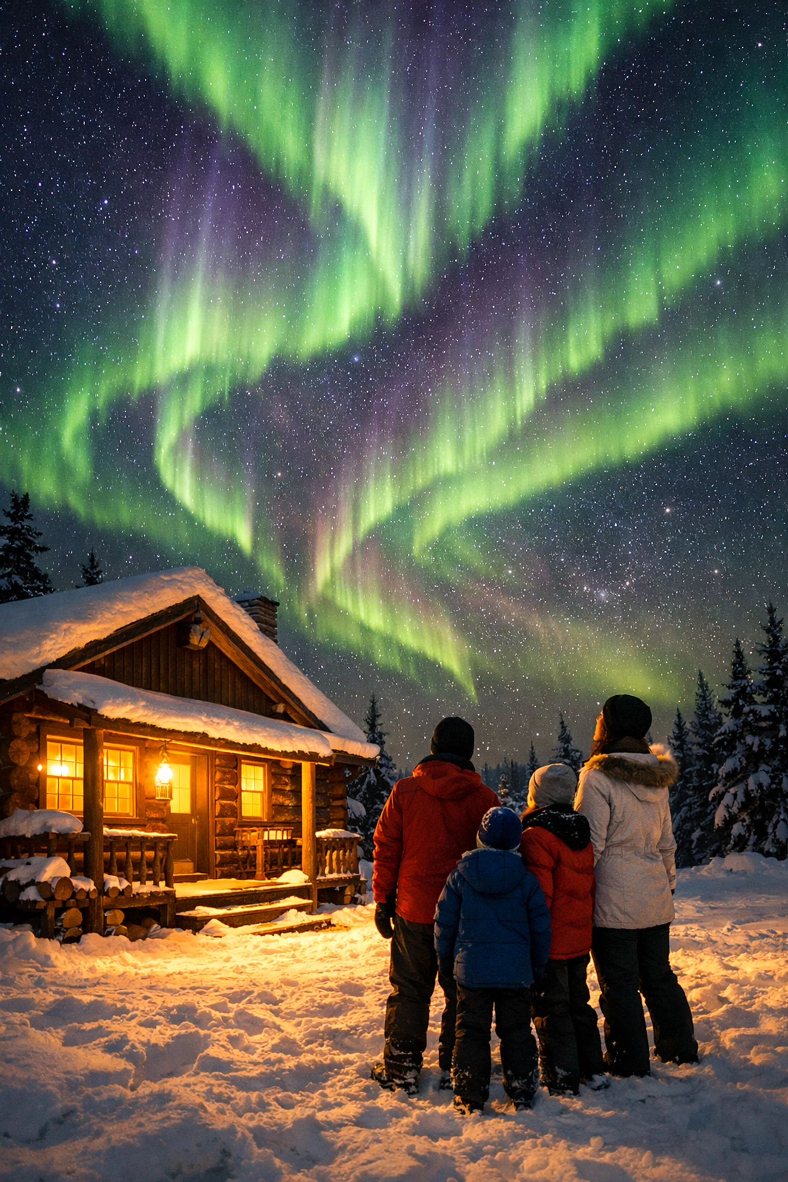 Family watching the vibrant Northern Lights dance over a snow-covered cabin in Fairbanks, Alaska.