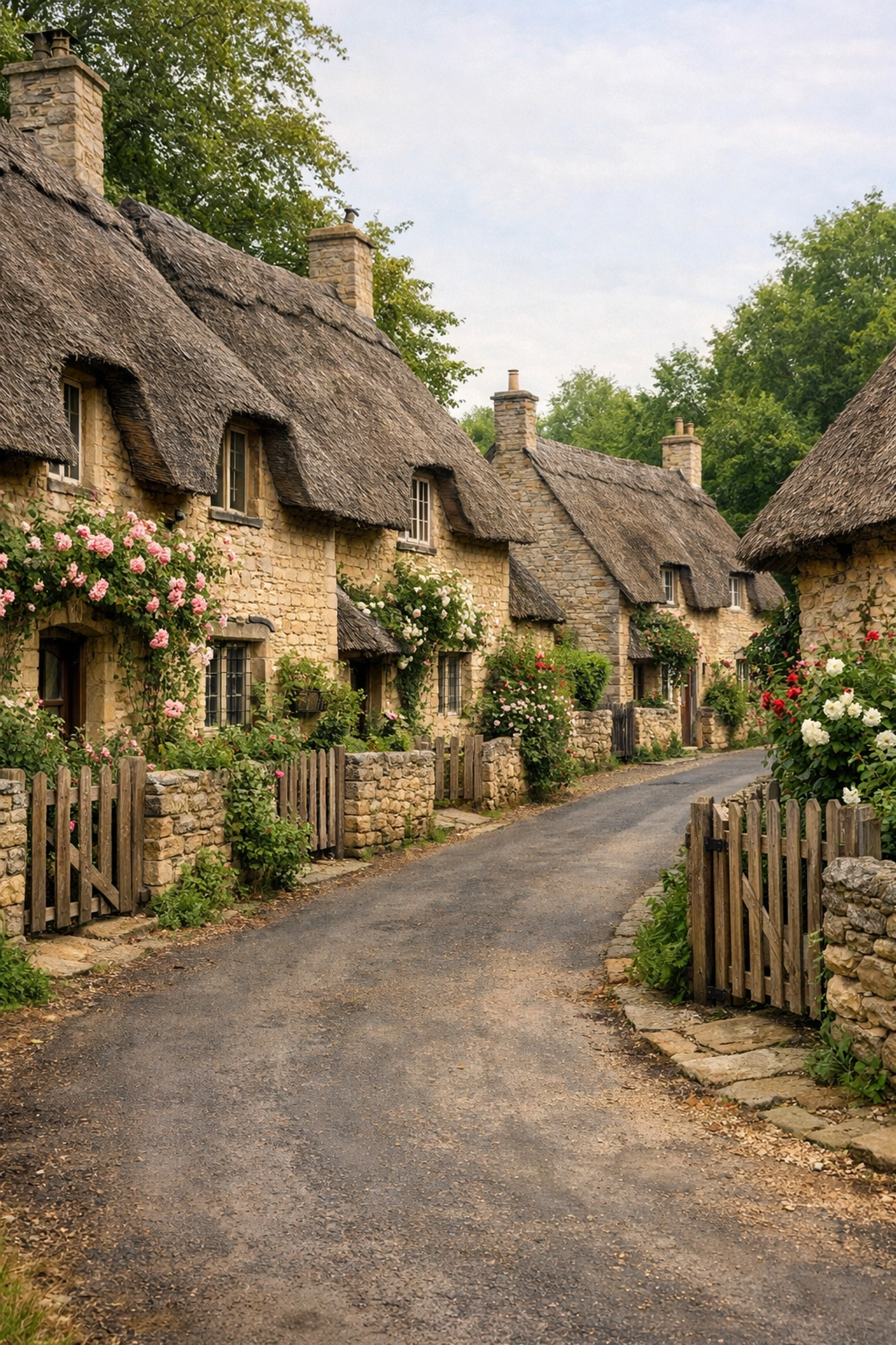 Traditional thatched cottages and stone houses along a quiet lane in the historic village of Old Minster Lovell.