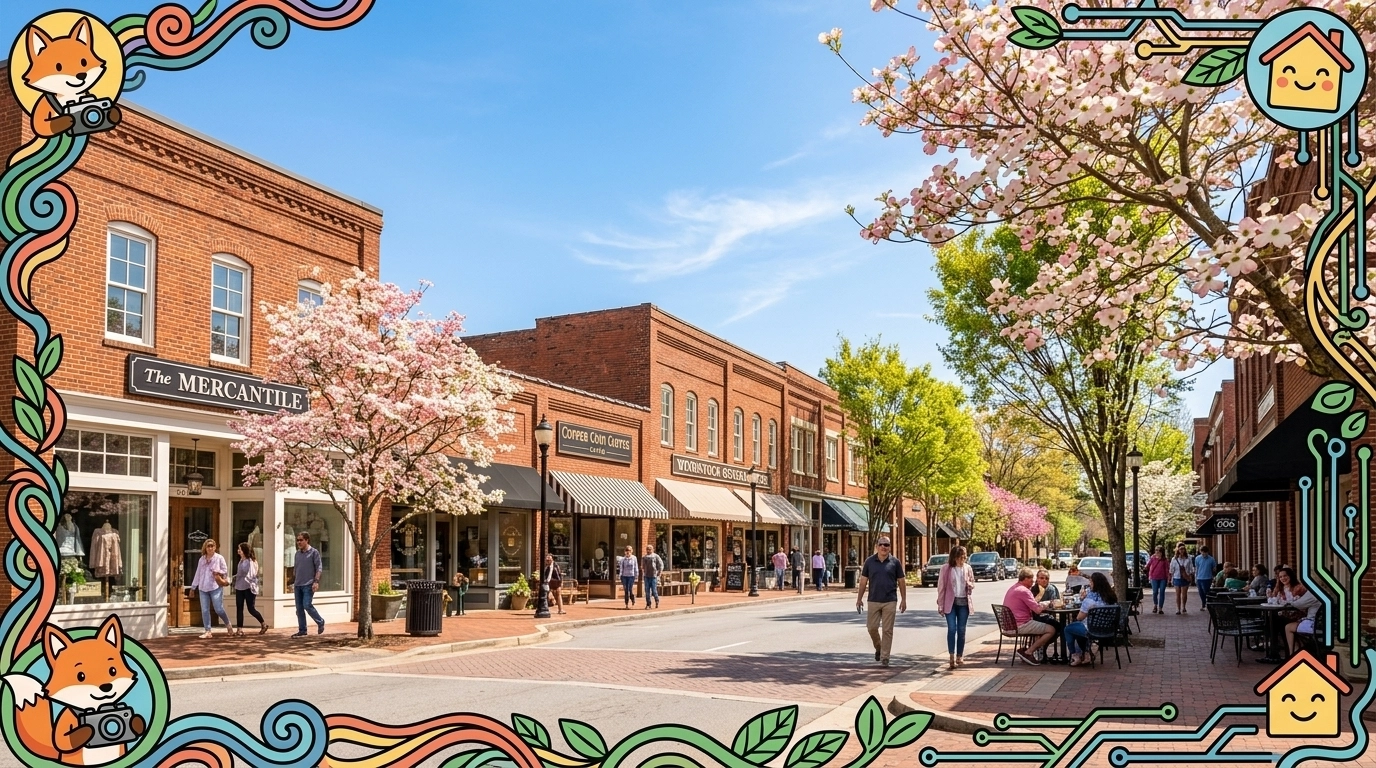 Vibrant Downtown Woodstock with traditional brick buildings and hand-drawn accents