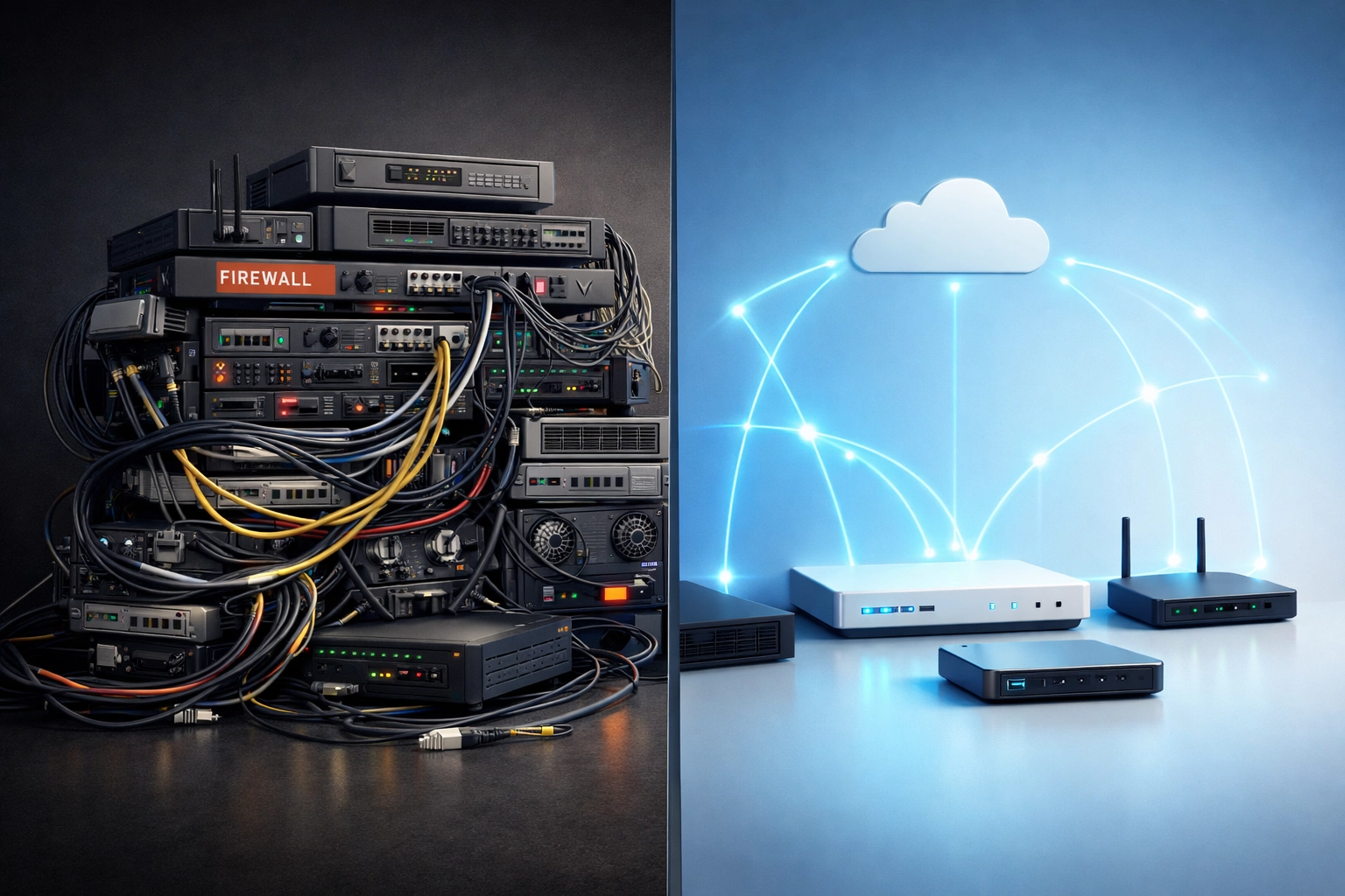 Traditional WAN vs SD-WAN comparison showing simplified infrastructure and cost savings