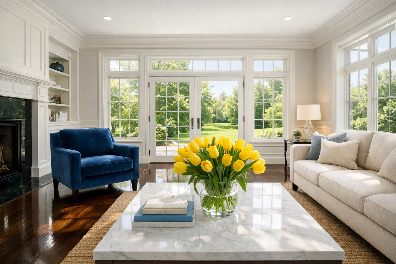 Pristine Medfield living room showing professional deep cleaning results with polished floors and fresh air.