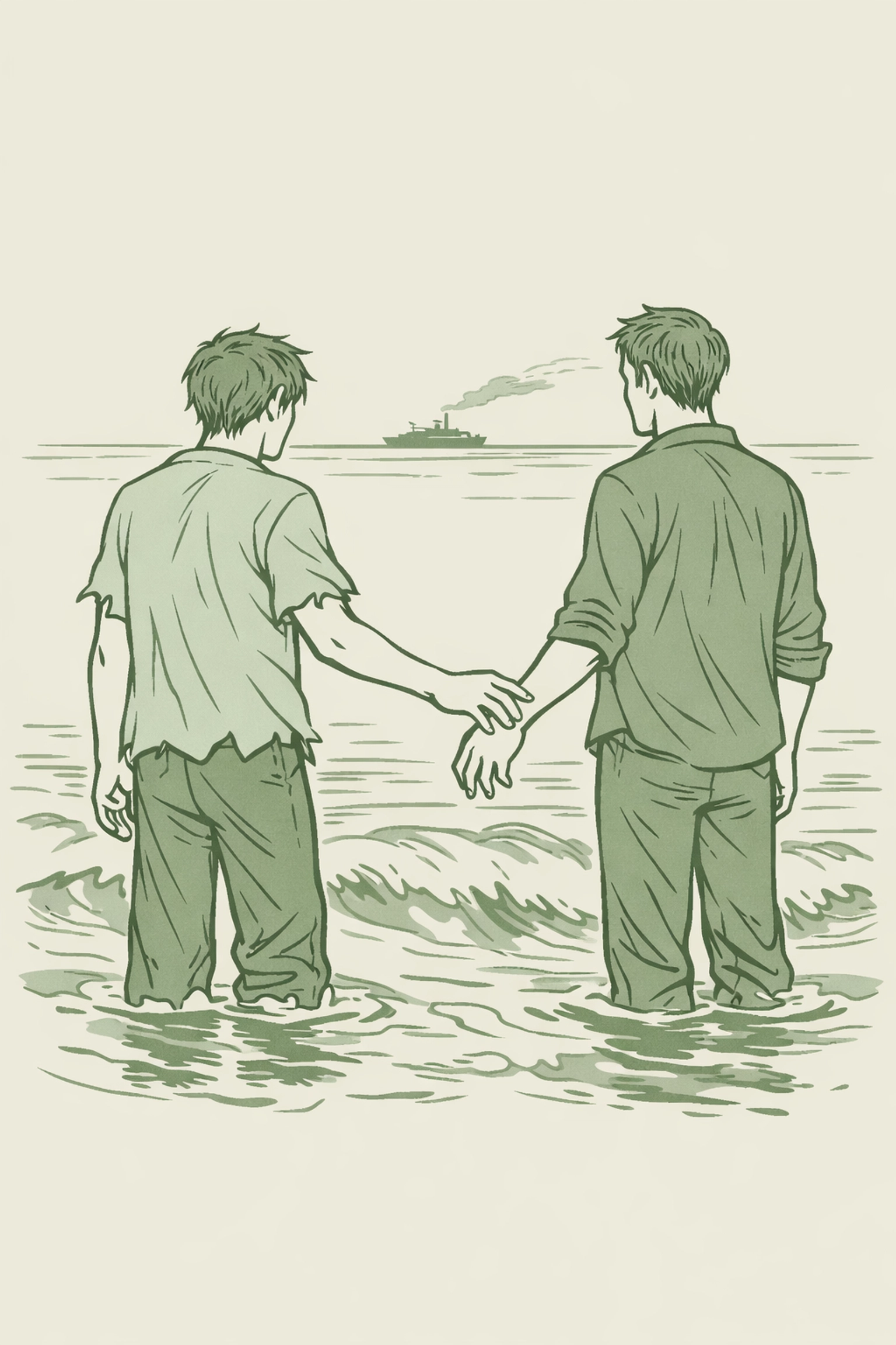 Two sailors spotting rescue ship at shoreline testing their bond in gay romance