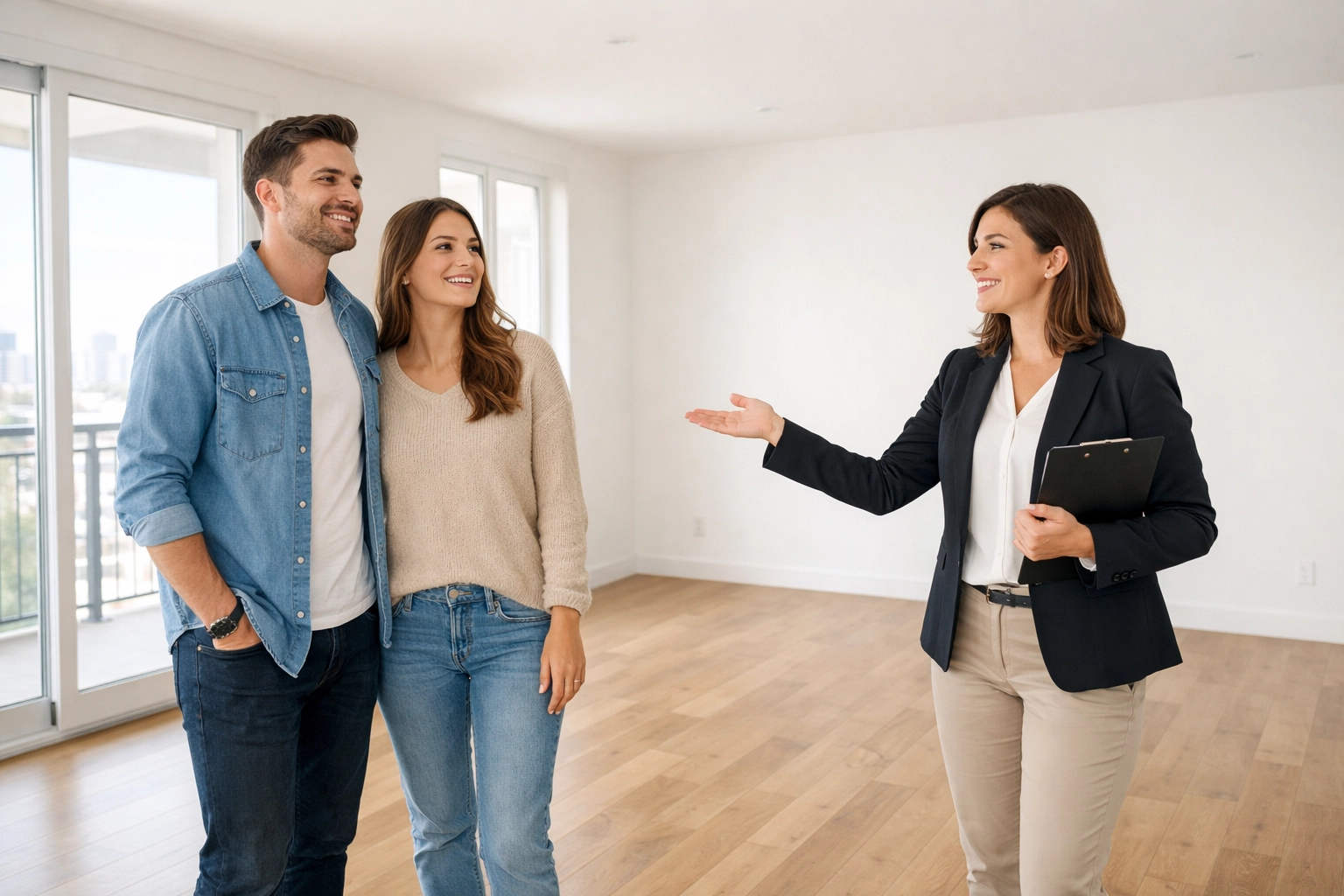 Property manager showing prospective tenants clean vacant apartment unit