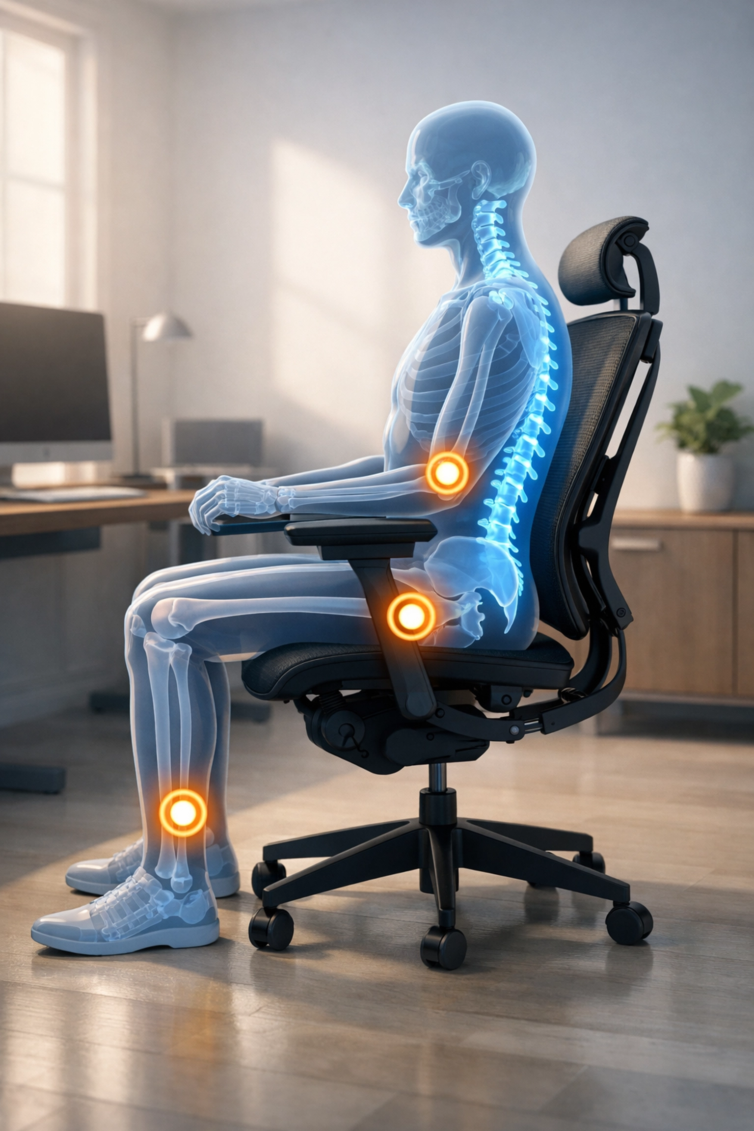 Ergonomic chair setup showing correct 90-degree sitting posture for remote workers.