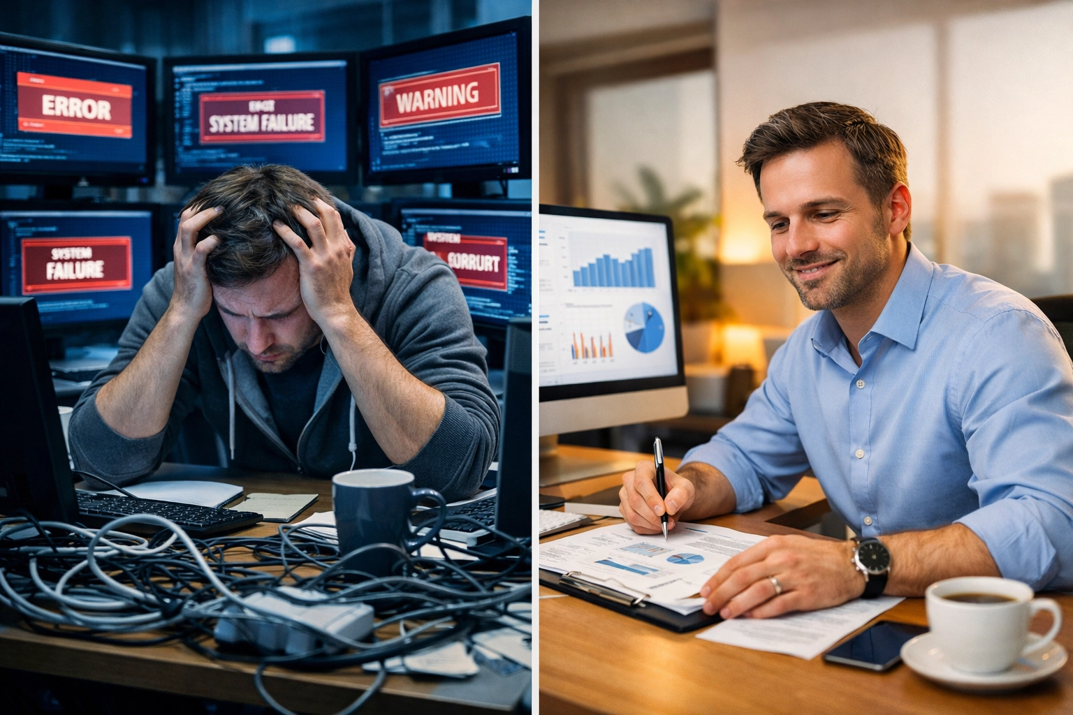 IT professional comparing on-premise ERP maintenance burden versus cloud-based efficiency