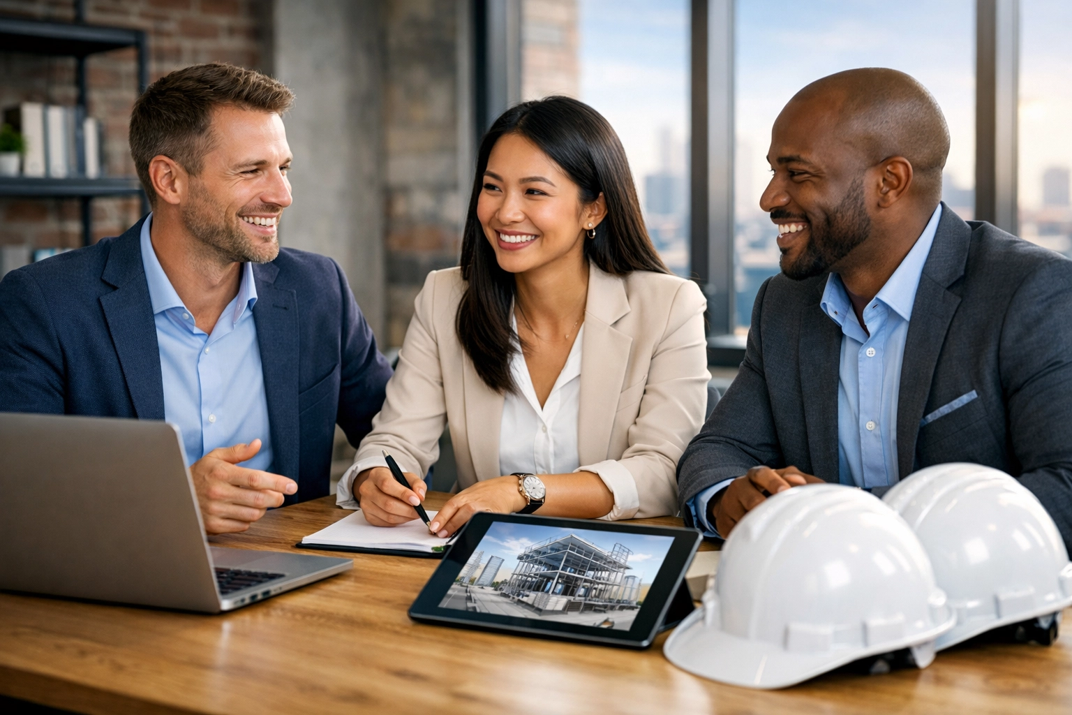 Professional recruitment team in Sheffield discussing construction staffing solutions.