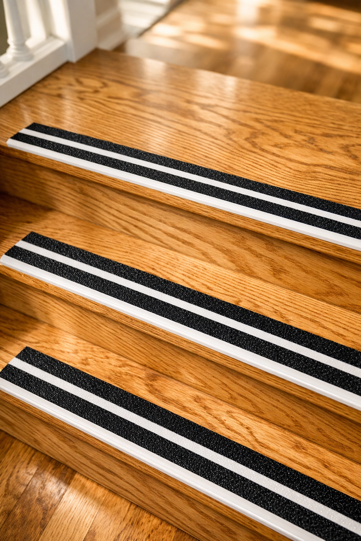 High-contrast non-slip treads on wooden stairs to improve visibility and safety for seniors.
